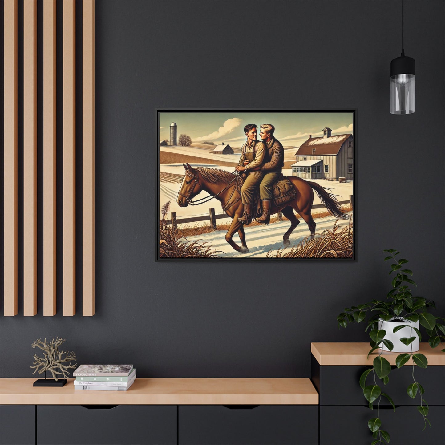 Artwork of a gay couple sharing a tender moment while seated together on a single horse in a snowy, rural Midwestern landscape. Dressed in early 20th-century attire, the men gaze at each other warmly, capturing love, resilience, and companionship in a serene 1930s-inspired American scene
