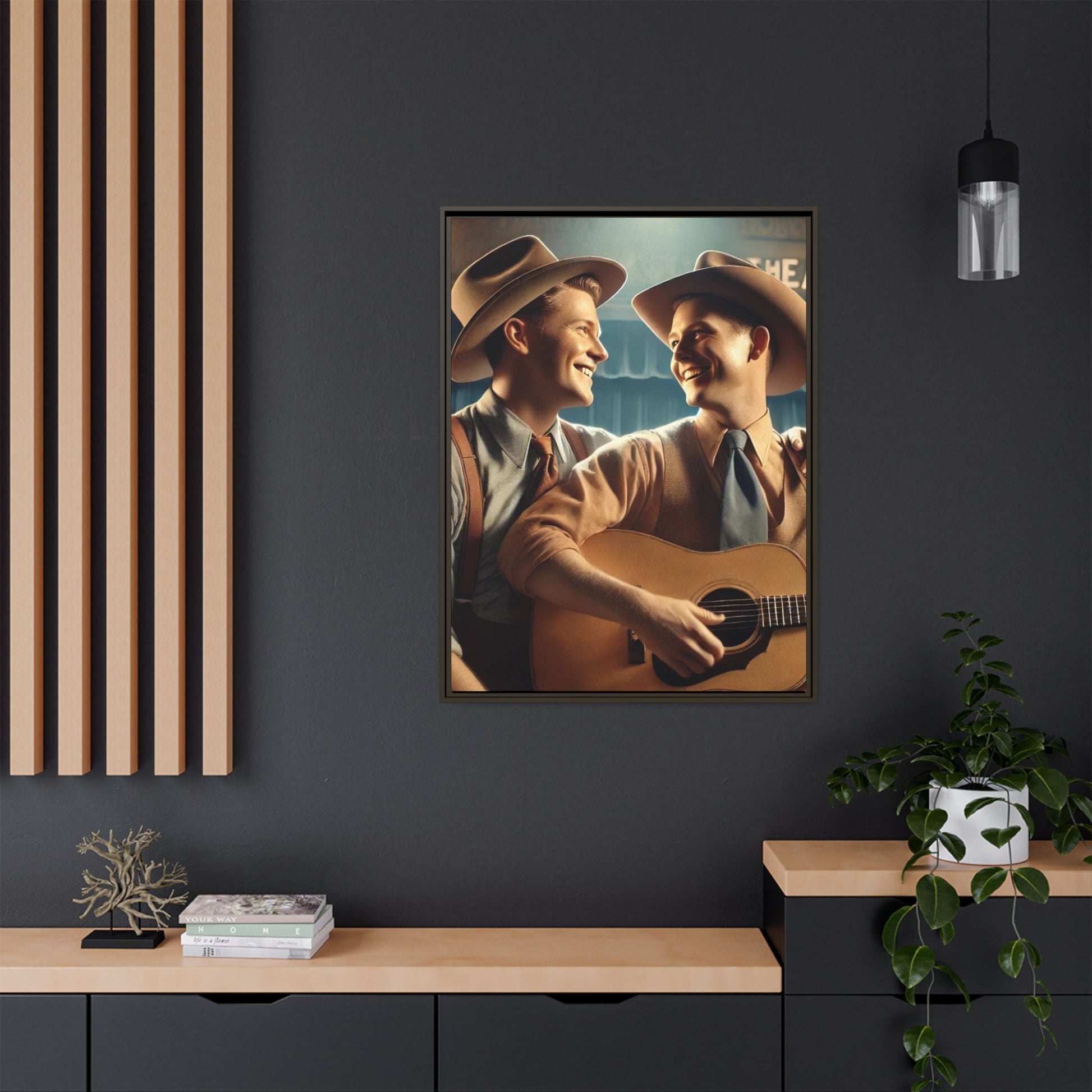 Artwork of a gay couple recording a country-western song in a 1930s-style studio. Dressed in classic Western attire with wide-brimmed hats and button-up shirts, the two men share an affectionate gaze, capturing love and unity in a nostalgic, vintage setting.