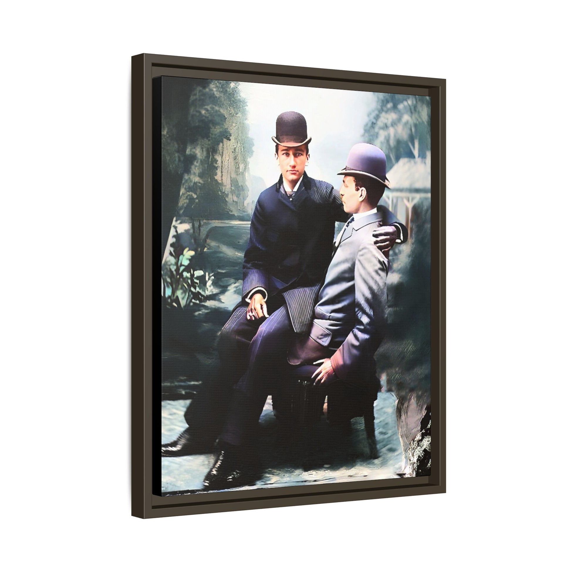 Restored 1800s photo of Cash & Arwood, Irish gay couple in loving pose, framed canvas print