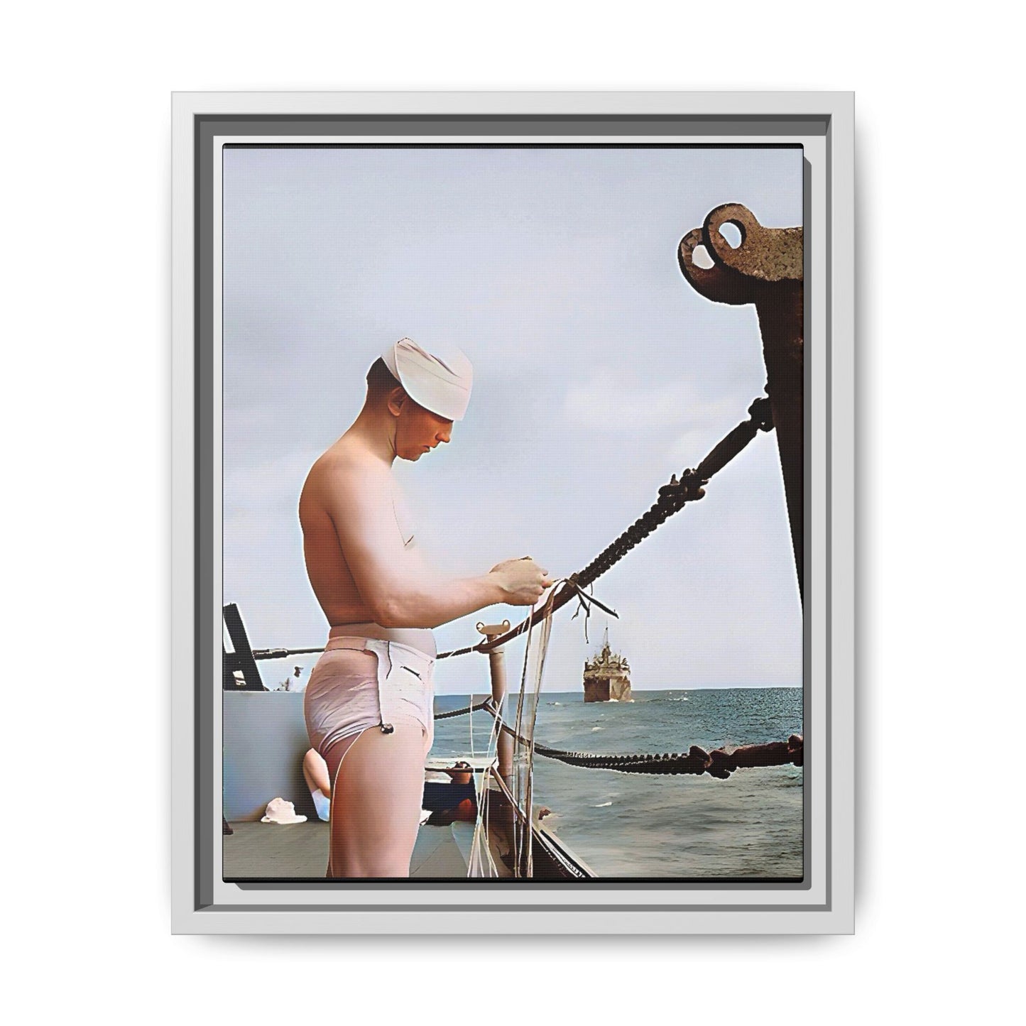 A framed vintage naval portrait on matte canvas featuring a sailor aboard the USS Iowa, honoring maritime history and dedication.
