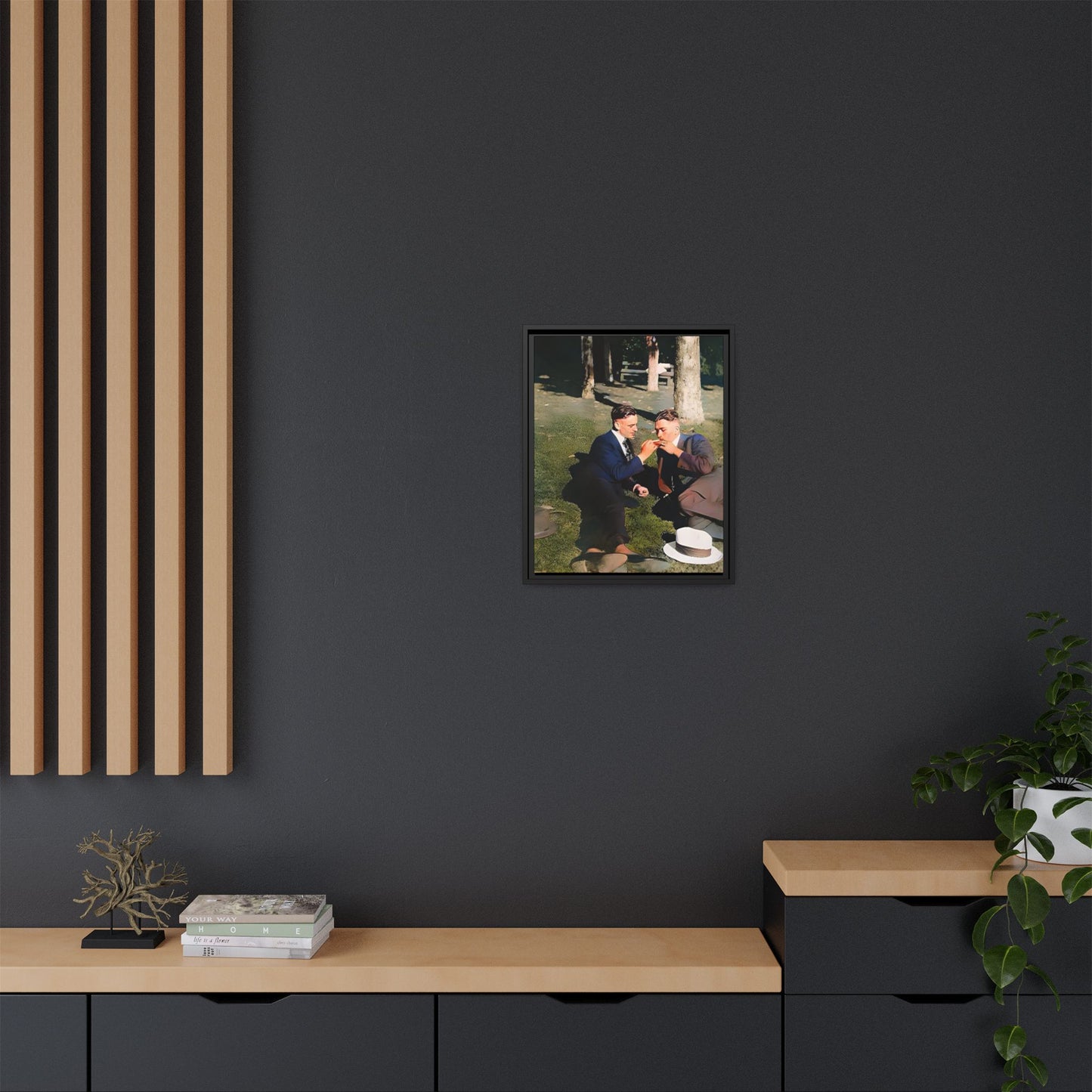 A framed vintage portrait on matte canvas featuring Oscar and Iván in Central Park, Manhattan, capturing timeless love and 1920s elegance. Gay Couple Queer History