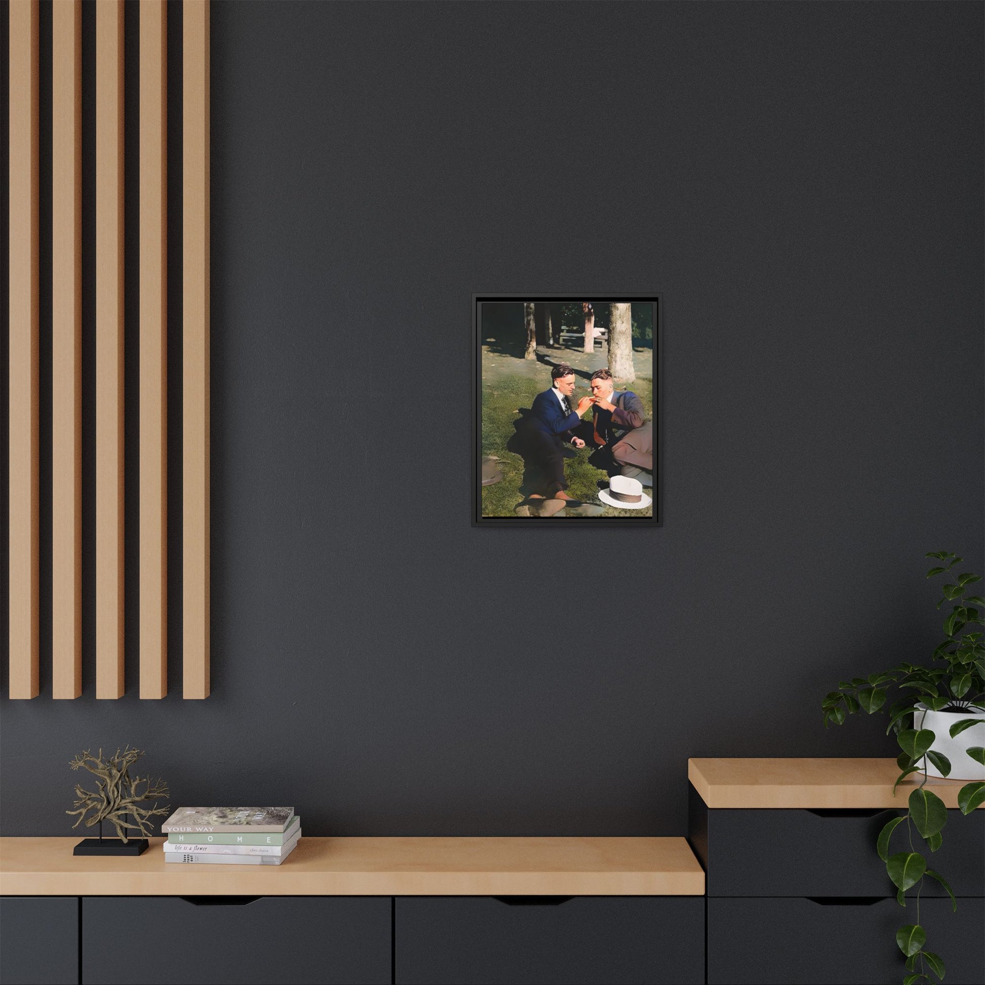 A framed vintage portrait on matte canvas featuring Oscar and Iván in Central Park, Manhattan, capturing timeless love and 1920s elegance. Gay Couple Queer History