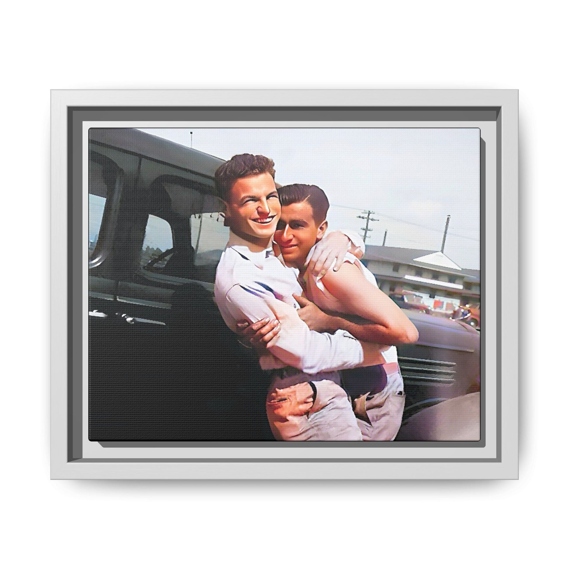 A framed vintage love portrait on matte canvas featuring Henry and Raymond in Peoria, Illinois, capturing timeless LGBTQ+ connection and joy. Gay Couple