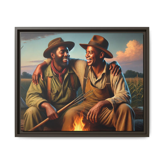 Artwork of an older African-American queer couple sharing a warm, joyful moment by a campfire in rural Iowa. Set against vast fields and an open sky, the scene captures love, resilience, and the nostalgic beauty of Americana, with firelight illuminating their laughter and companionship