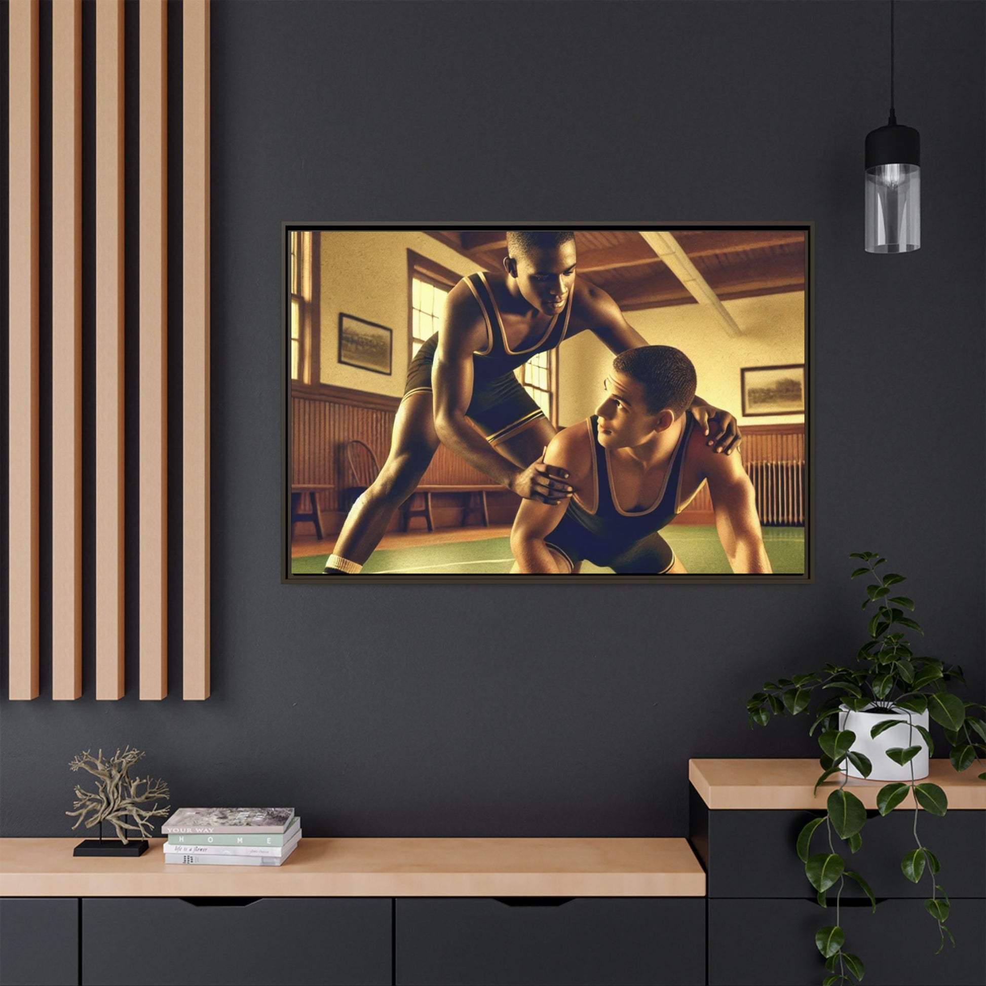 Framed canvas artwork inspired by Grant Wood featuring African-American and European-American wrestlers in a vintage gymnasium. A tribute to unity, diversity, and regionalist art.