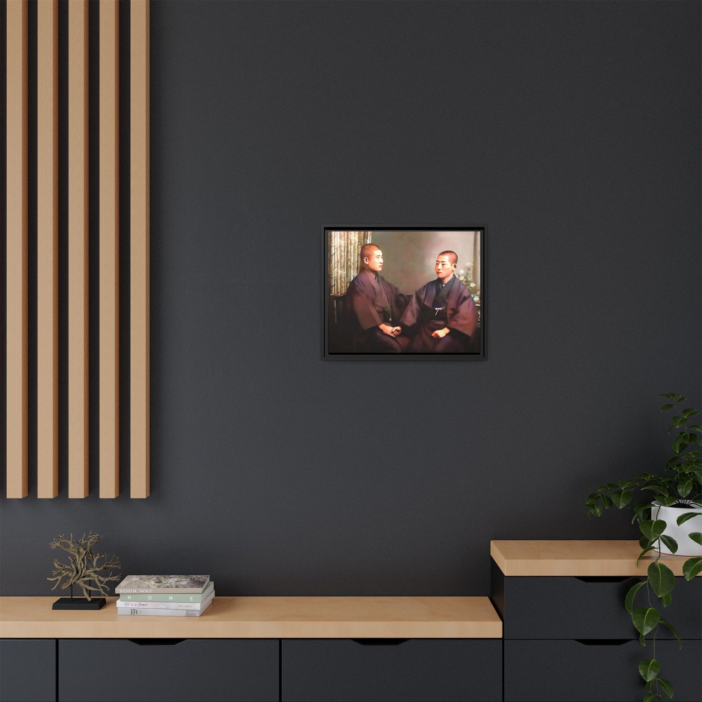 A vintage portrait of Hiroto & Atsushi in Kyoto, Japan. This framed matte canvas celebrates LGBTQ+ love, cultural heritage, and timeless elegance, making it a unique and meaningful art piece for collectors and history enthusiasts. Gay Couple