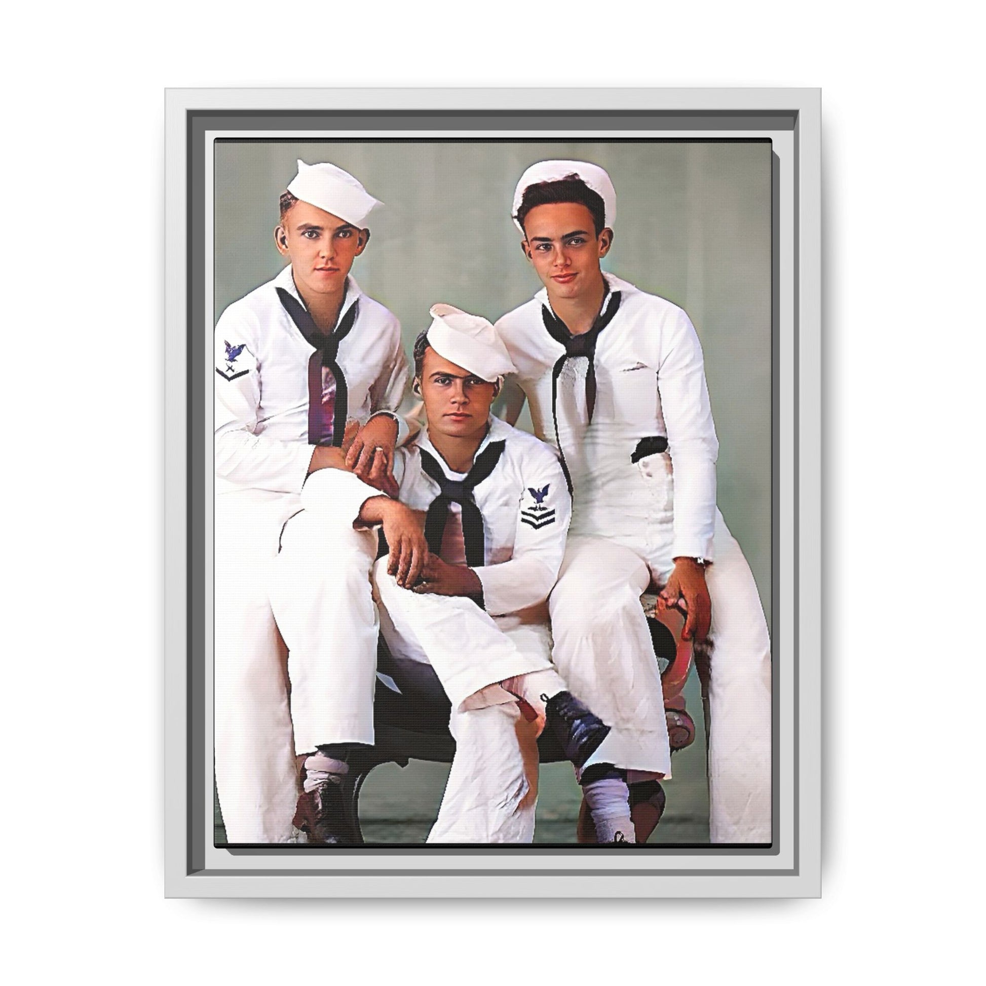 A restored vintage portrait of three sailors aboard the USS Alabama. This framed matte canvas honors naval history, camaraderie, and timeless service.