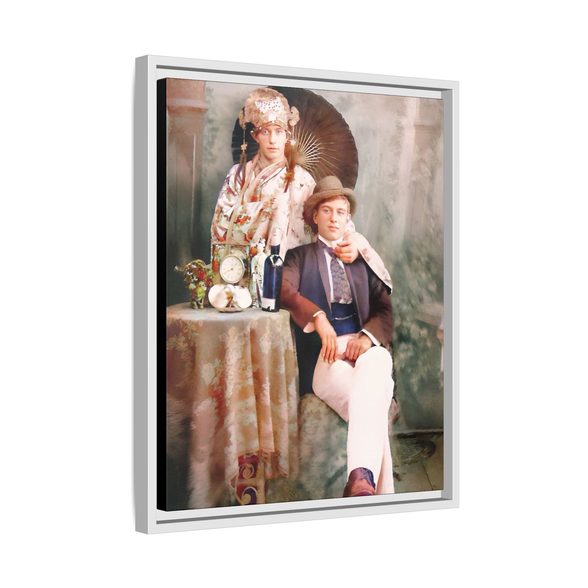Restored early 1900s vintage photo from Mystic Memphi Carnival in Memphis, Tennessee, featuring elegance and creativity. Framed matte canvas art celebrating individuality and historical charm.  Gay Couple