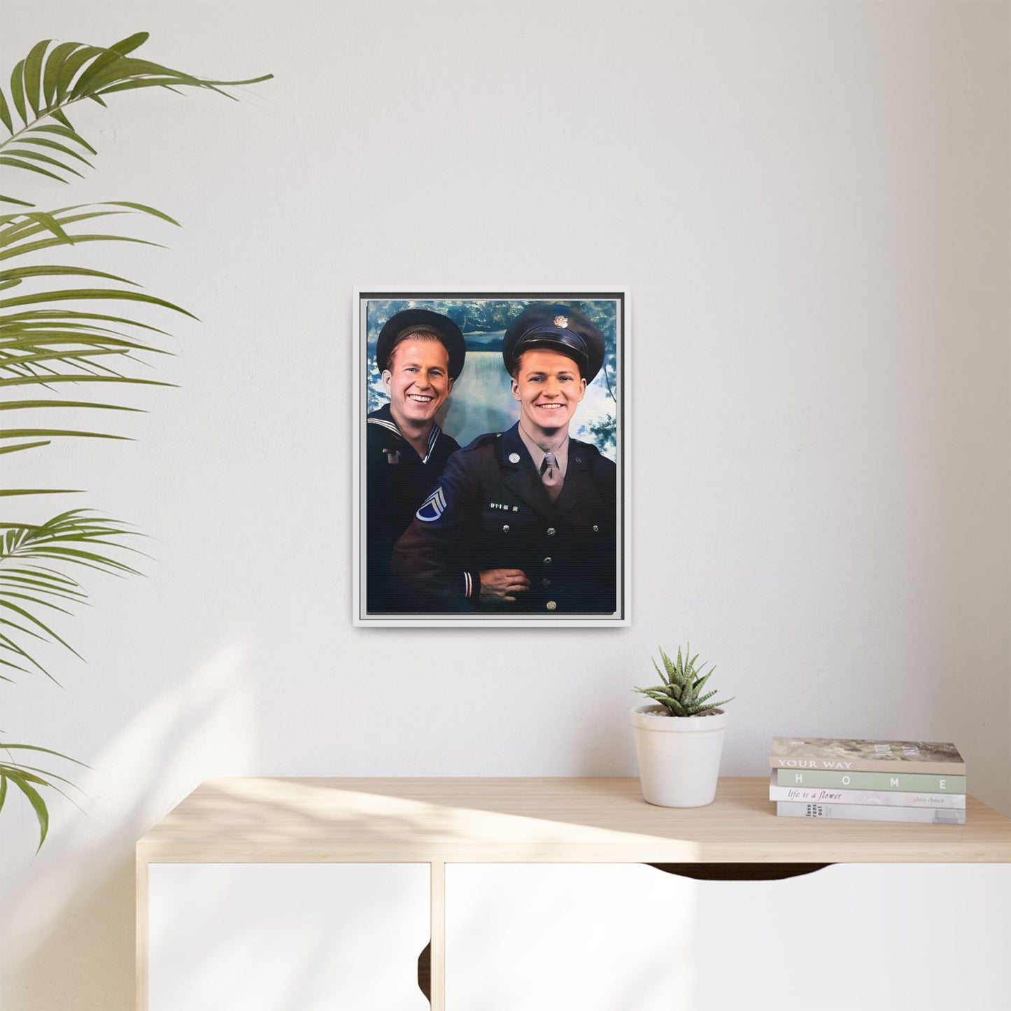 A framed vintage military portrait on matte canvas featuring a sailor and a soldier in Scapa Flow, Scotland, symbolizing service and camaraderie. Gay Couple