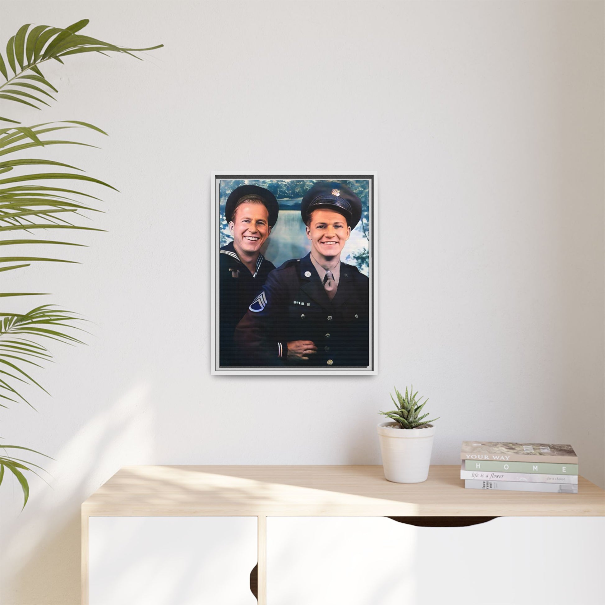 A framed vintage military portrait on matte canvas featuring a sailor and a soldier in Scapa Flow, Scotland, symbolizing service and camaraderie. Gay Couple