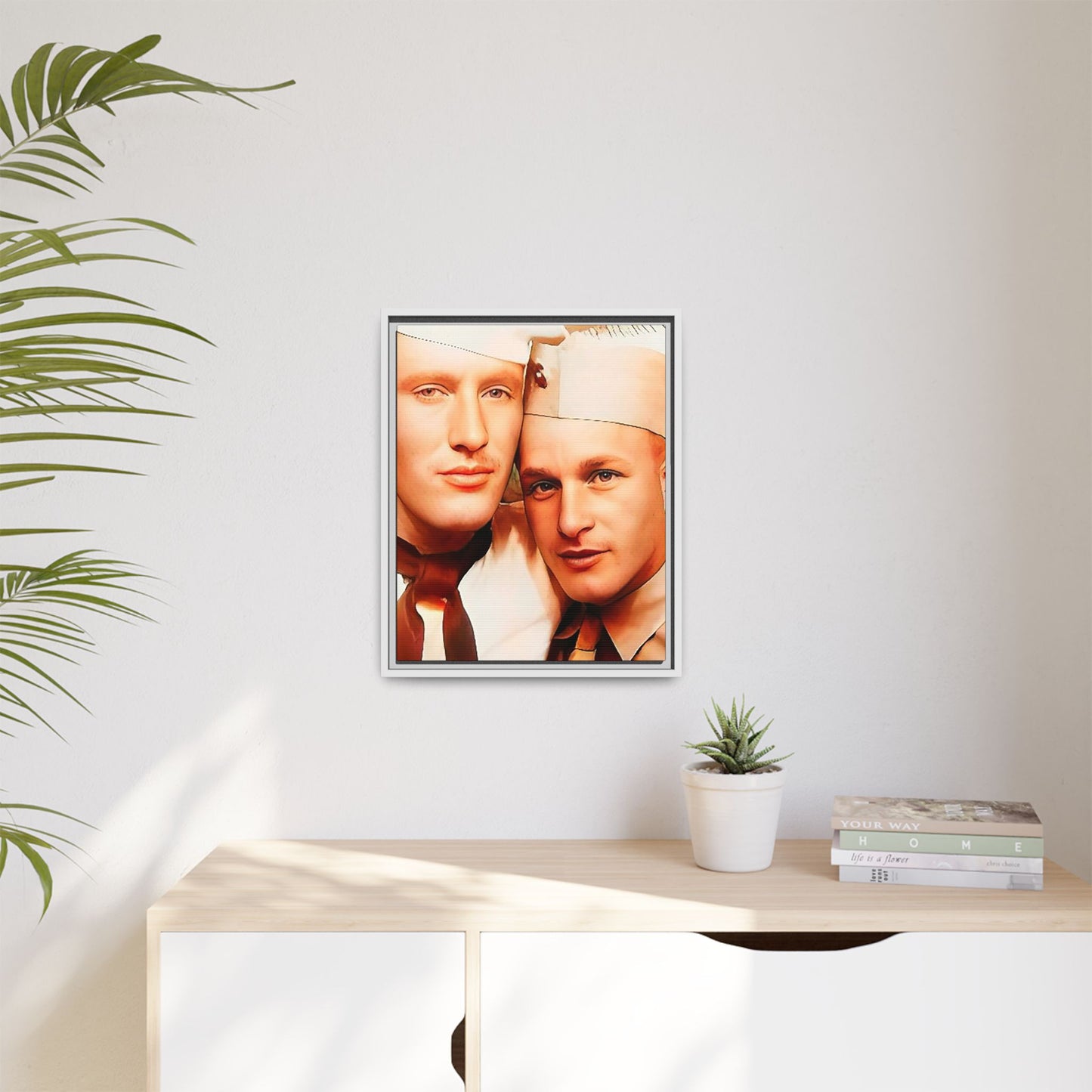 Vintage Gay photo booth portrait of Glenn & Sidney in Nantucket, MA. A heartwarming tribute to queer history, captured in a candid embrace. Available as a matte canvas print, perfect for celebrating love, identity, and nostalgia. Military Portrait