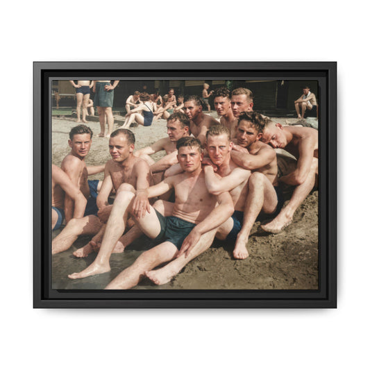 group of men sitting beach vintage photograph restored