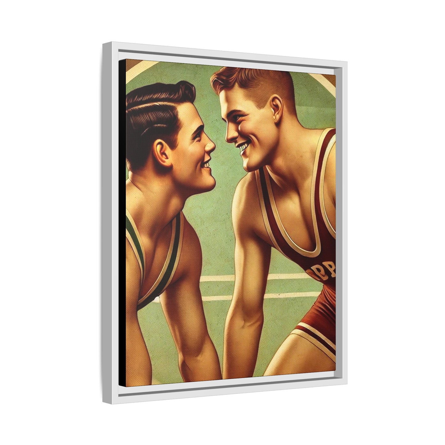 Framed artwork of two young wrestlers in vintage singlets on a stylized mat, inspired by Grant Wood's nostalgic Americana style.
