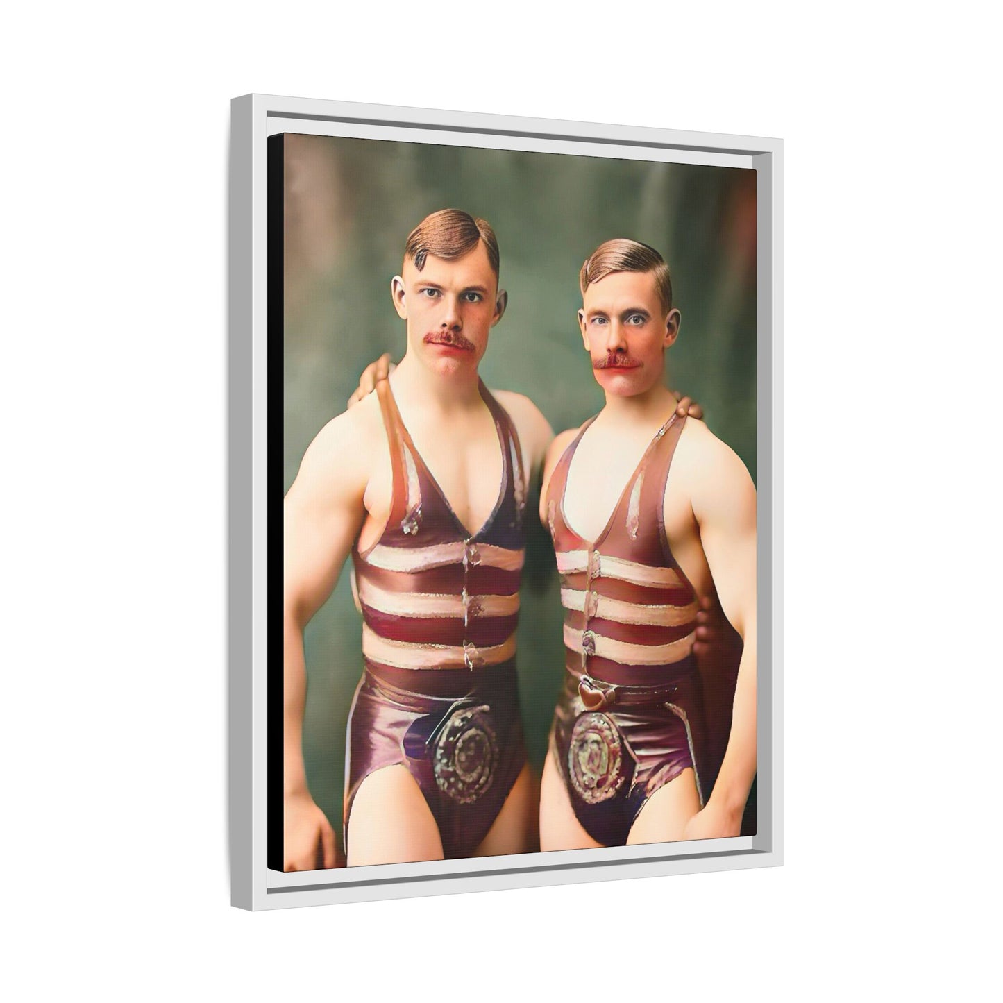Restored early 1900s vintage photograph of Oscar and Herman in Pittsburgh, Pennsylvania, wearing striped singlets. Framed matte canvas art celebrating love, strength, and LGBTQ+ history. Gay Circus Couple Performers