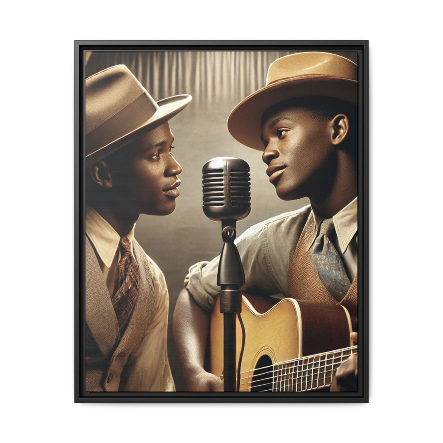 Artwork of an African-American gay couple recording a song in a 1930s-style studio. Dressed in vintage attire with fedoras and ties, they share a close, tender moment around a classic microphone, capturing love, music, and cultural heritage in a nostalgic setting