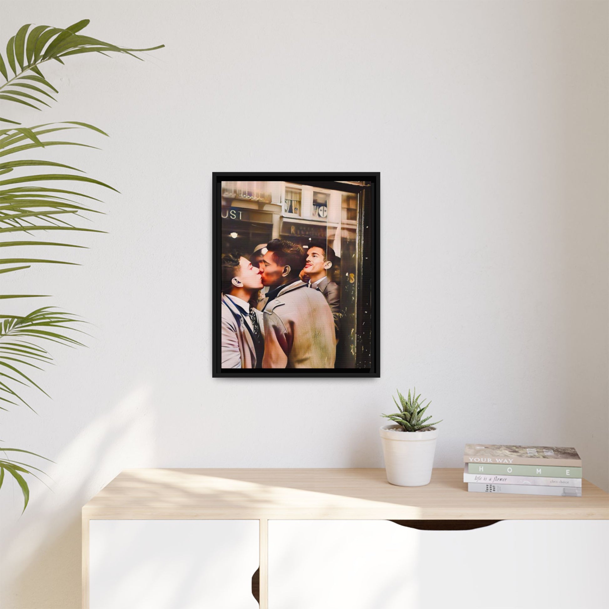 A restored 1950s LGBTQ+ couple portrait of Alejandro & Lorenzo at Mayfair Bar, NYC. A romantic queer history print on matte canvas, capturing love, resilience, and authenticity in a vibrant nightlife setting.