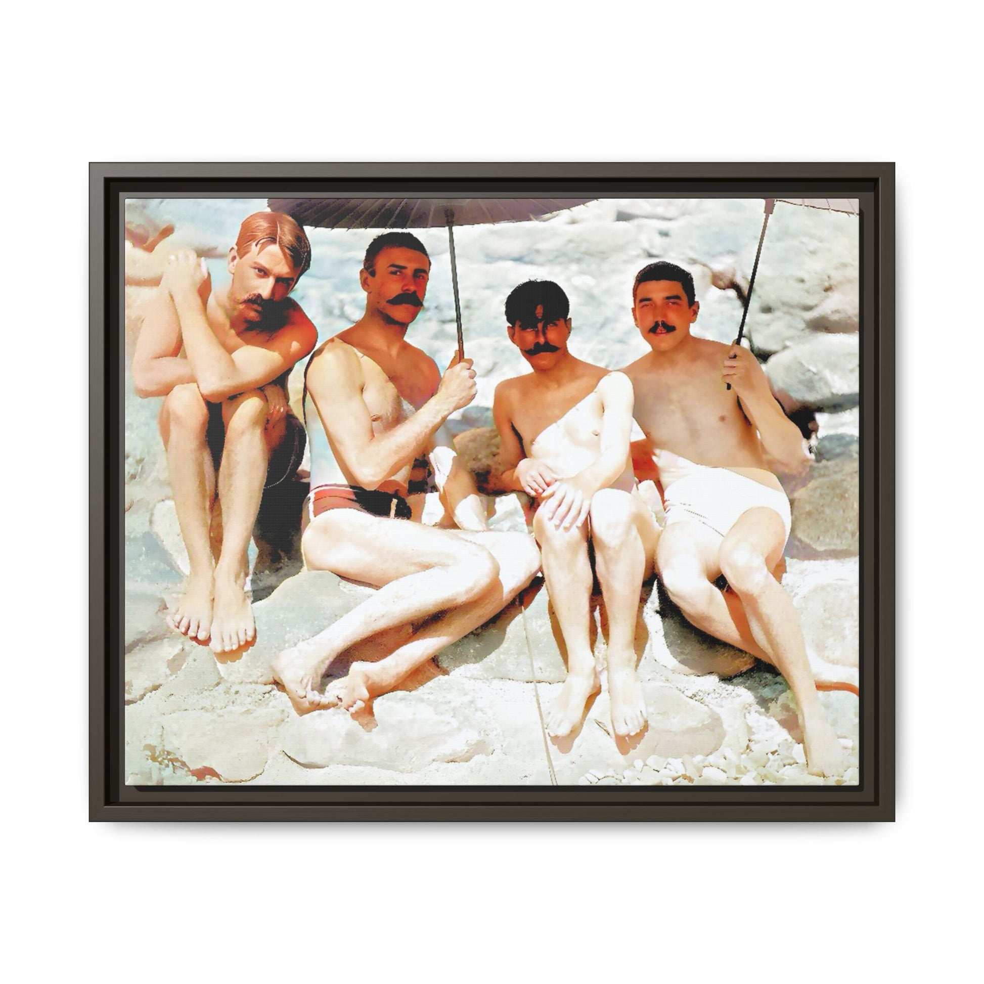 A nostalgic vintage beach photograph from Herring Cove Beach, Provincetown, MA. This framed canvas print captures four men in a relaxed summer moment, perfect for coastal home decor or as an LGBTQ+ history tribute.