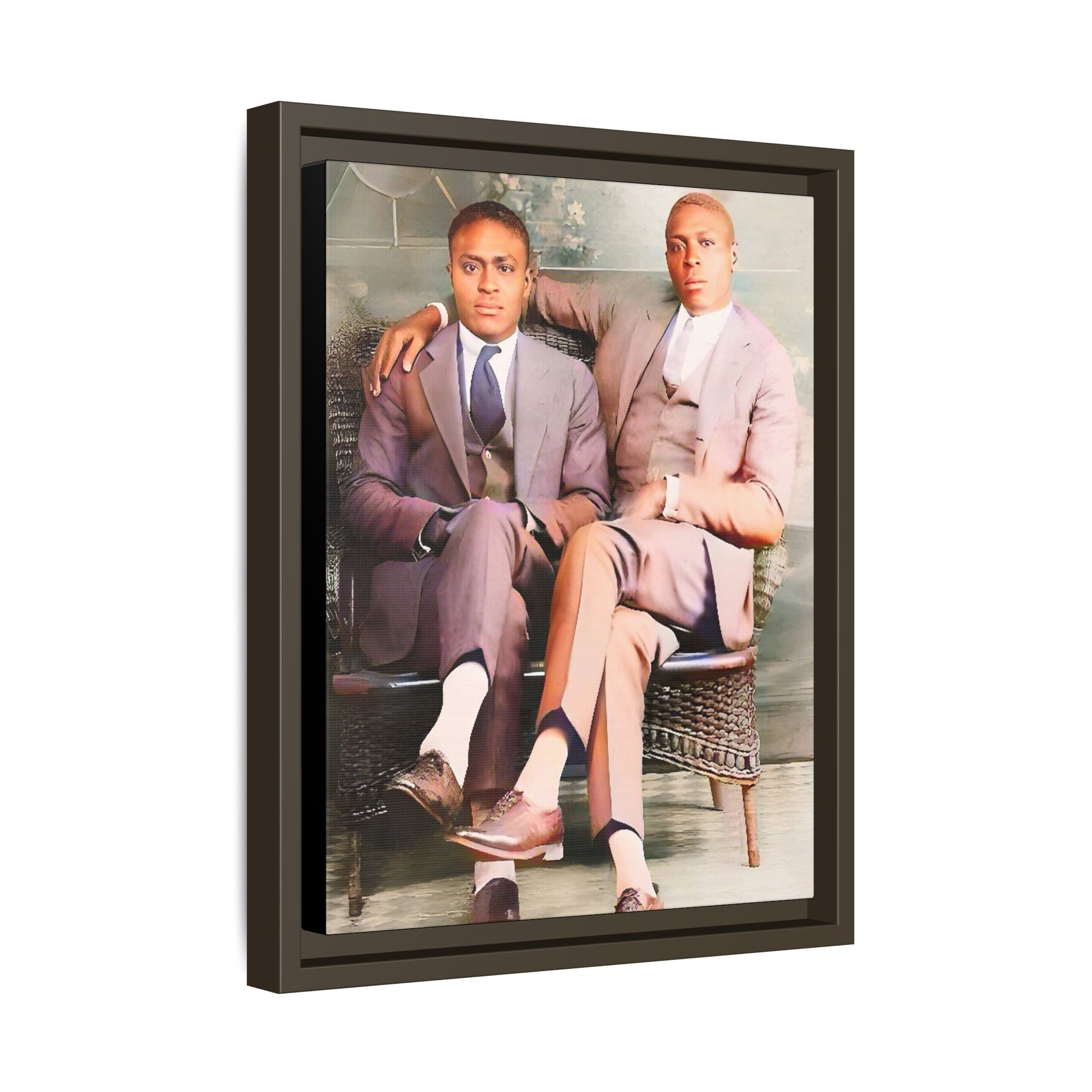 Restored vintage portrait of Walter & George, an African American gay couple seated in Birmingham AL, framed canvas art. Gay Juneteenth Black Love History Month