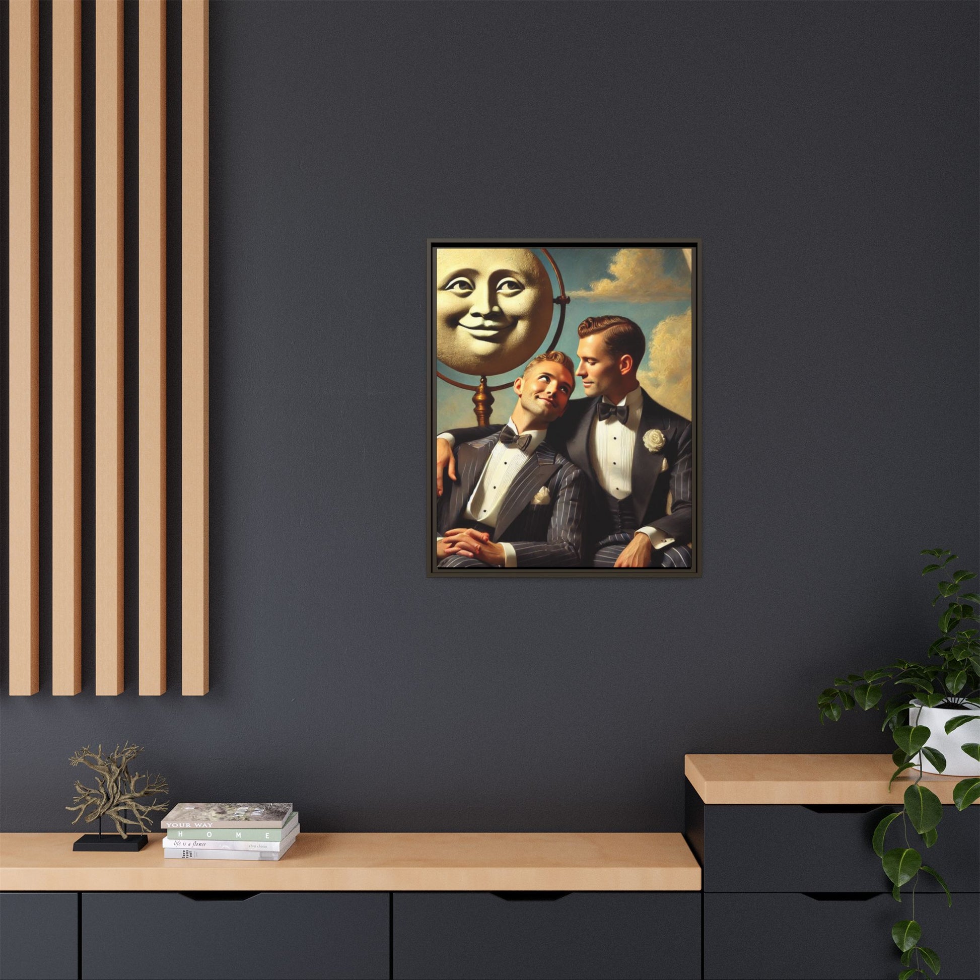 Framed matte canvas portrait featuring two young men in vintage overalls with a crescent moon prop above them. This artwork from the Missing Art Studies series reclaims LGBTQ+ imagery that may have been lost to bias, presenting warmth, intimacy, and presence.