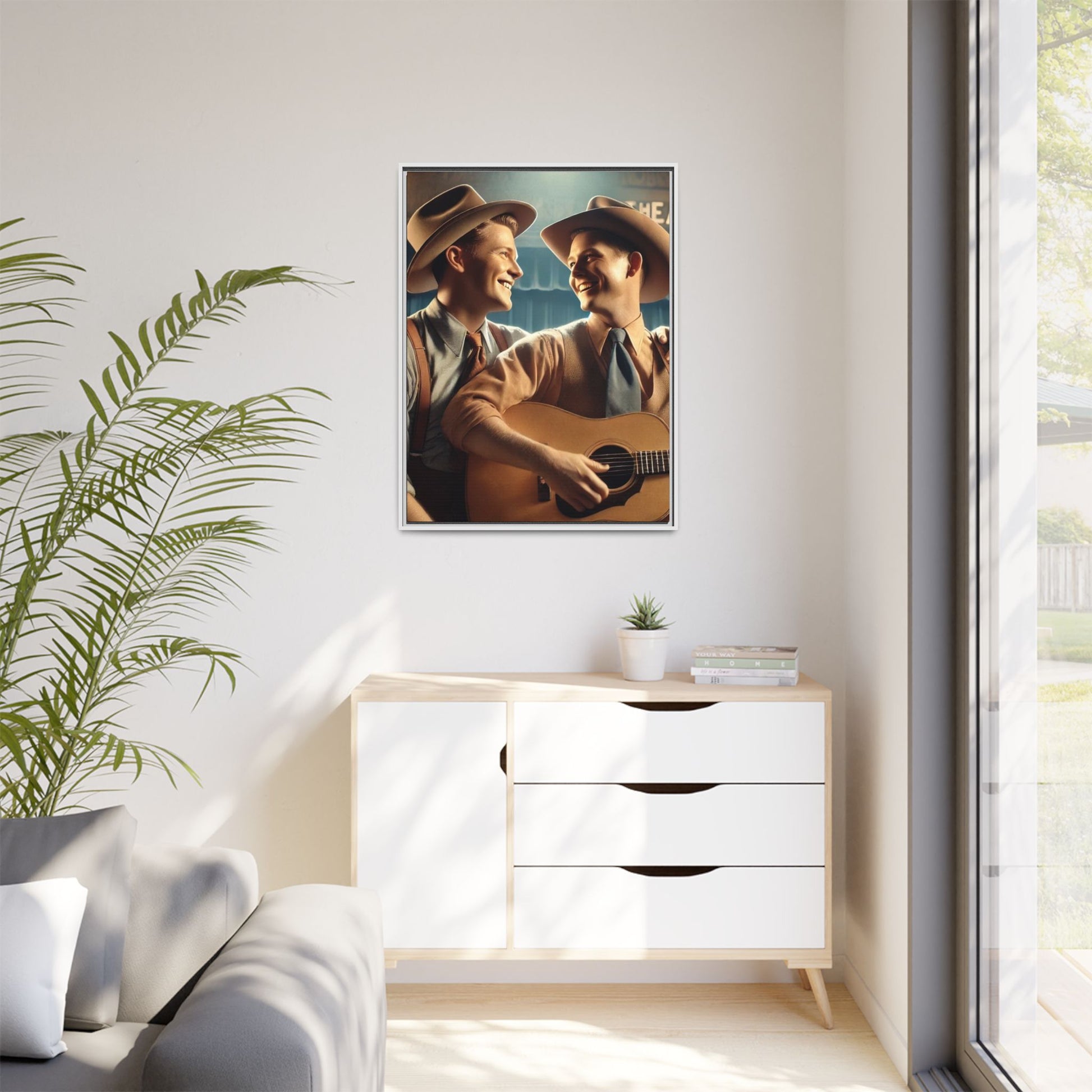 Artwork of a gay couple recording a country-western song in a 1930s-style studio. Dressed in classic Western attire with wide-brimmed hats and button-up shirts, the two men share an affectionate gaze, capturing love and unity in a nostalgic, vintage setting.