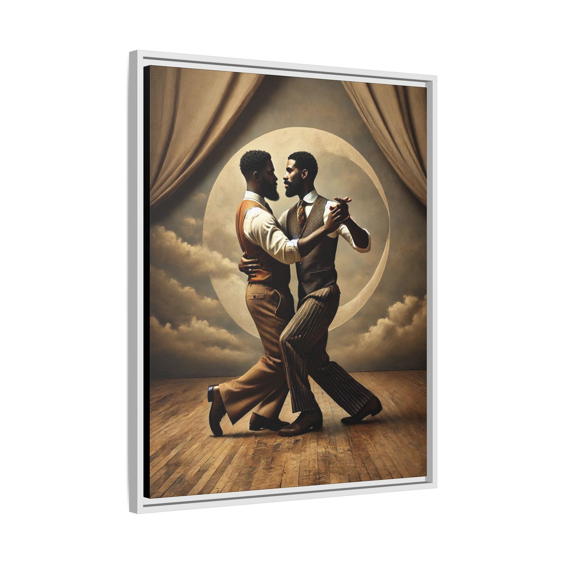 Original artwork of two Black men ballroom dancing in vintage 1920s suits under a glowing moon backdrop. A romantic and powerful tribute to queer love and Black history that reclaims moments lost to systemic bias and cultural erasure.