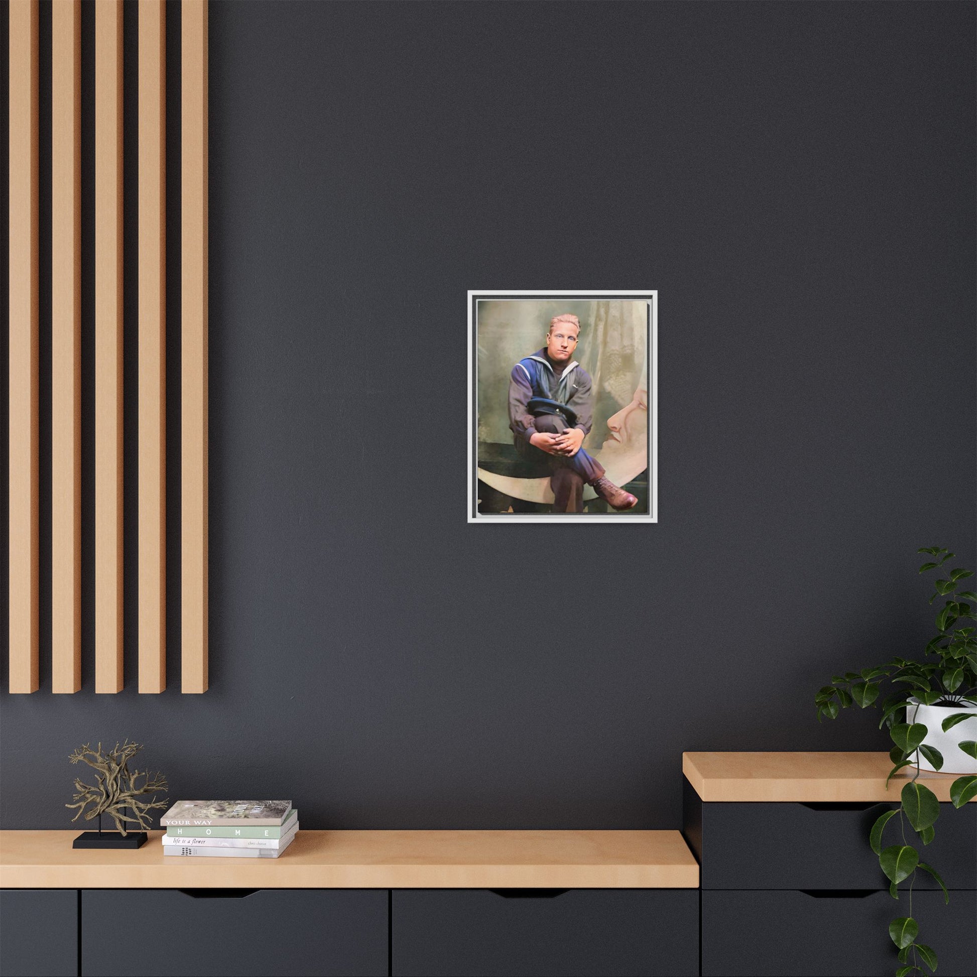 A vintage U.S. Navy sailor portrait featuring Jacob in uniform with a crescent moon backdrop. This framed matte canvas print is a timeless tribute to naval service, ideal for military history collectors, veterans, and nautical decor lovers. Art Deco Paper Moon Prop
