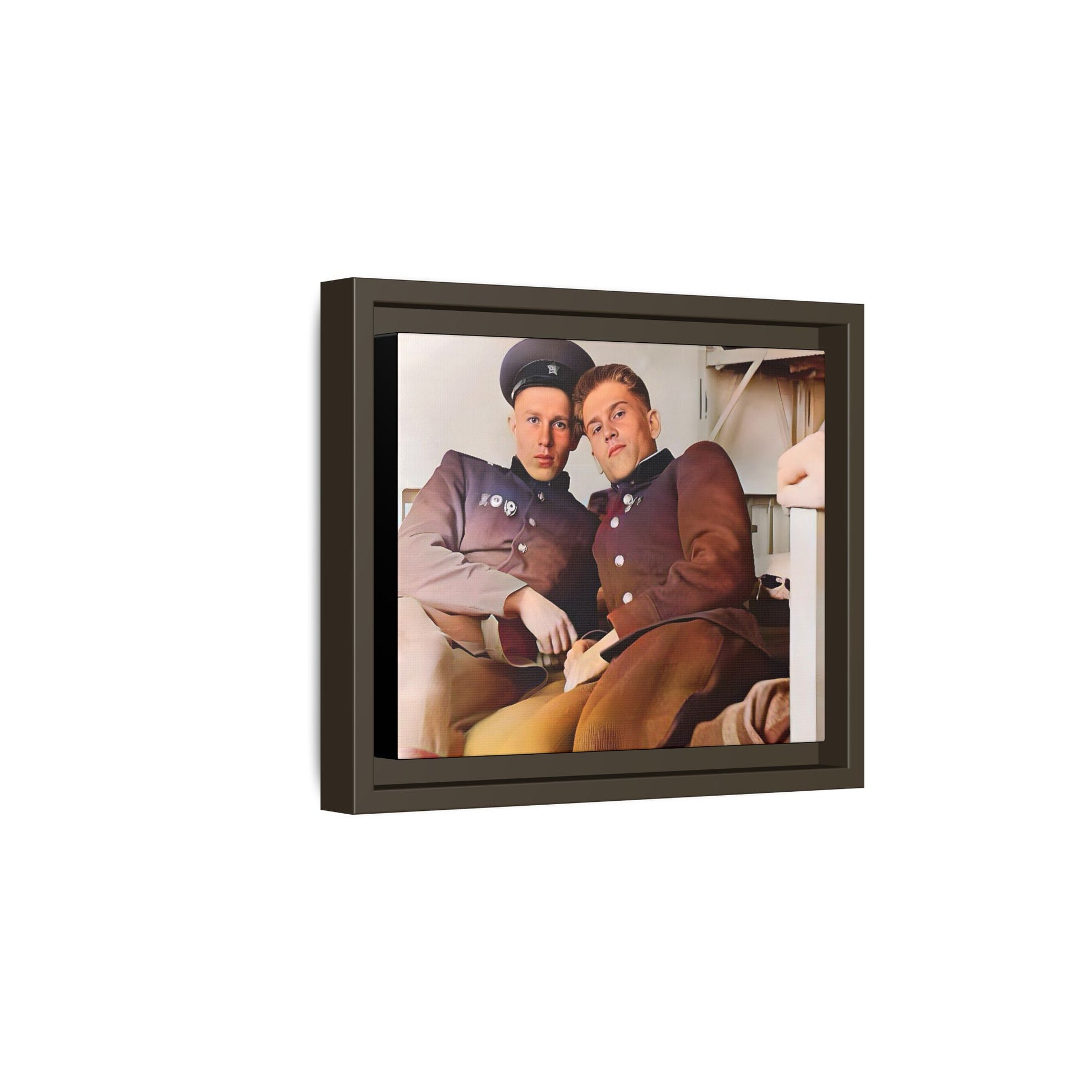 A restored vintage photograph of two Russian soldiers in uniform, seated together in their quarters in Volgograd, Russia. Their relaxed postures and warm expressions capture a moment of camaraderie, resilience, and military history. A powerful tribute to LGBTQ+ representation in the armed forces. Gay Couple Винтажное фото  гей-пара
