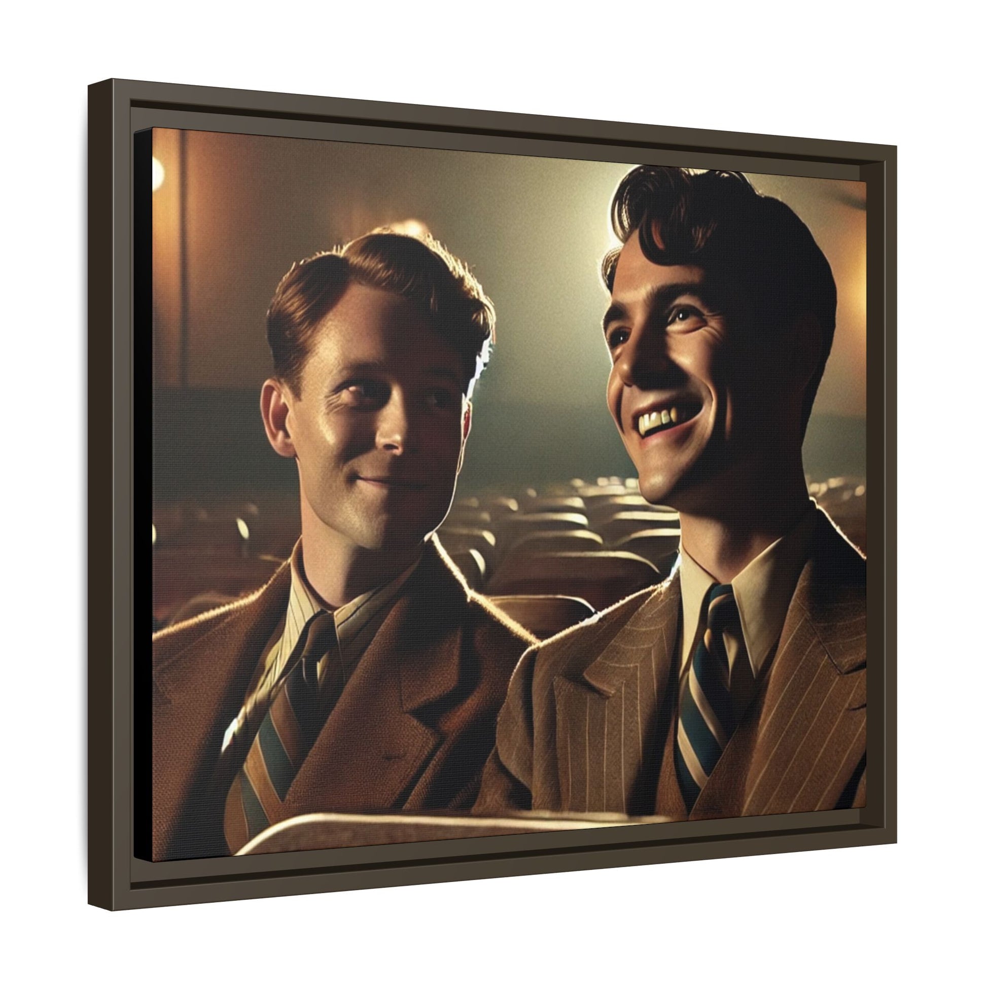 Vintage-style photo of two young men sharing an intimate moment on a date in a 1930s movie theater. Dressed in classic pinstripe suits, their smiles and close connection evoke the warmth and charm of the era, celebrating LGBTQ+ history and timeless romance.