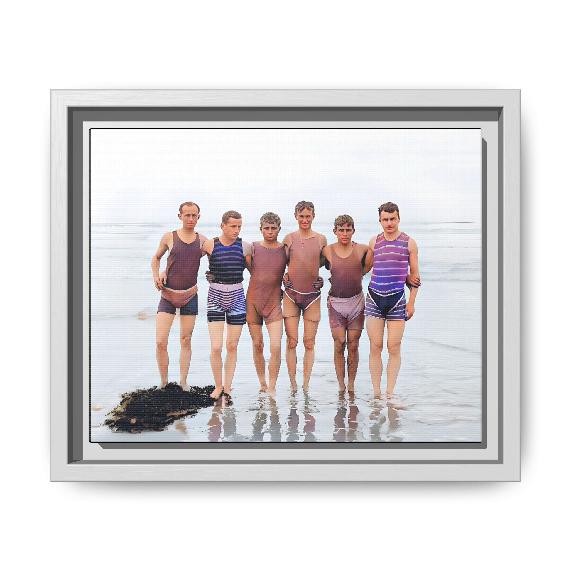 A framed vintage beach portrait on matte canvas featuring a joyful group at Herring Cove Beach, Provincetown, capturing timeless summer camaraderie.