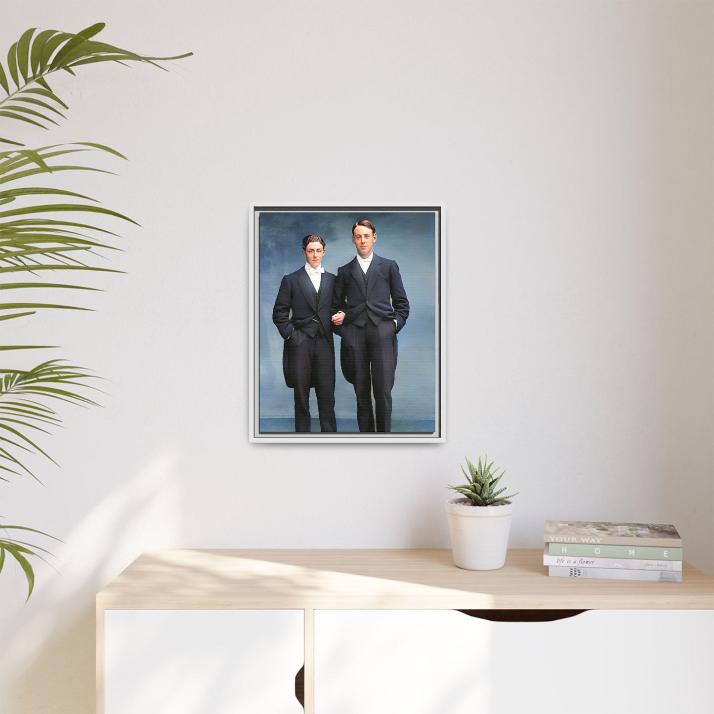 A framed vintage photo on matte canvas featuring a sophisticated LGBTQ+ couple in Rumson, NJ, capturing elegance and timeless love. Gay Formal Prom