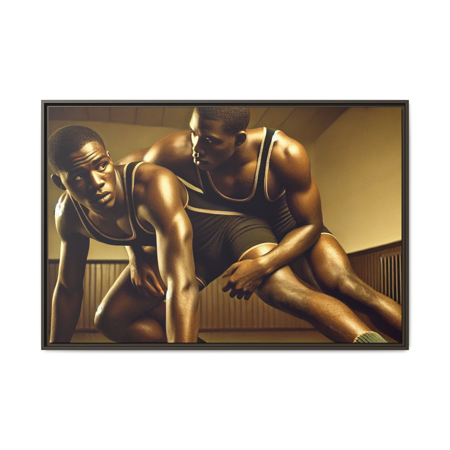 Framed artwork inspired by Grant Wood, showcasing African-American wrestlers in a vintage gymnasium setting. A powerful tribute to teamwork, resilience, and regionalist art.