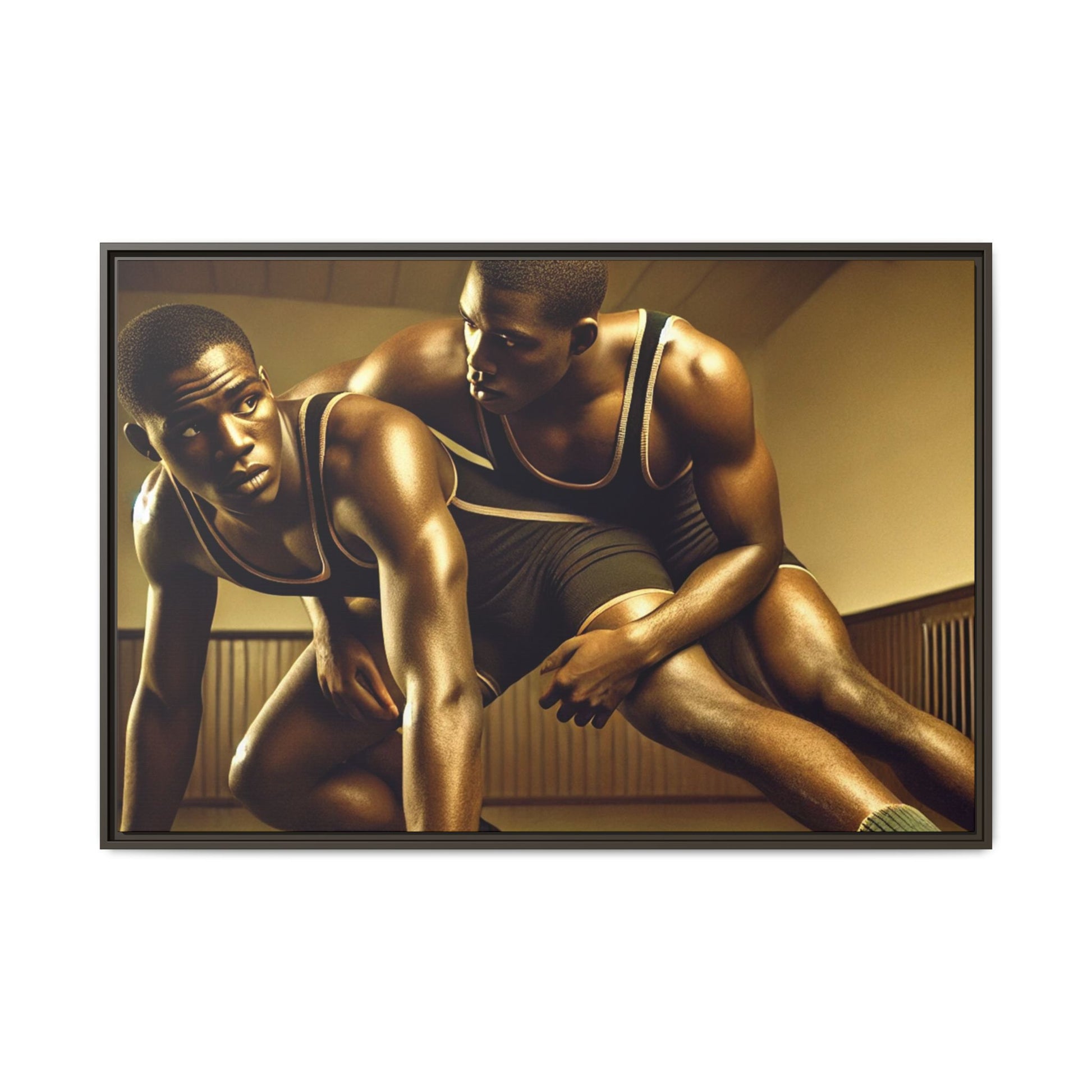 Framed artwork inspired by Grant Wood, showcasing African-American wrestlers in a vintage gymnasium setting. A powerful tribute to teamwork, resilience, and regionalist art.