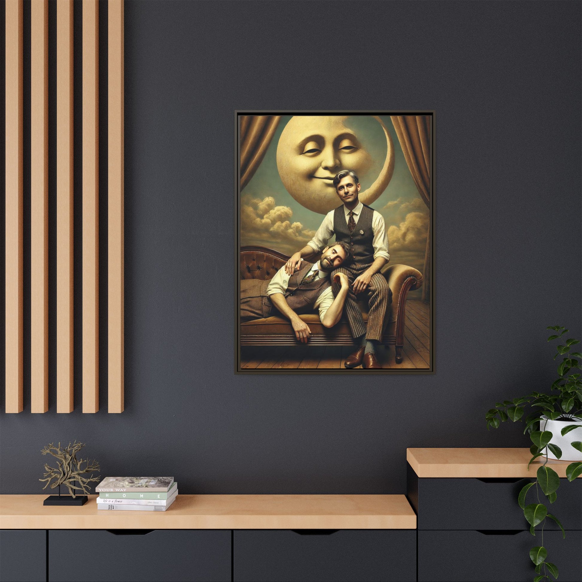 Vintage-style artwork of two men in 1920s clothing sitting close, one resting his head on the other’s lap beneath a smiling moon. Surrounded by theatrical curtains and clouds, this original piece honors lost queer love and challenges historical erasure with tenderness and pride.