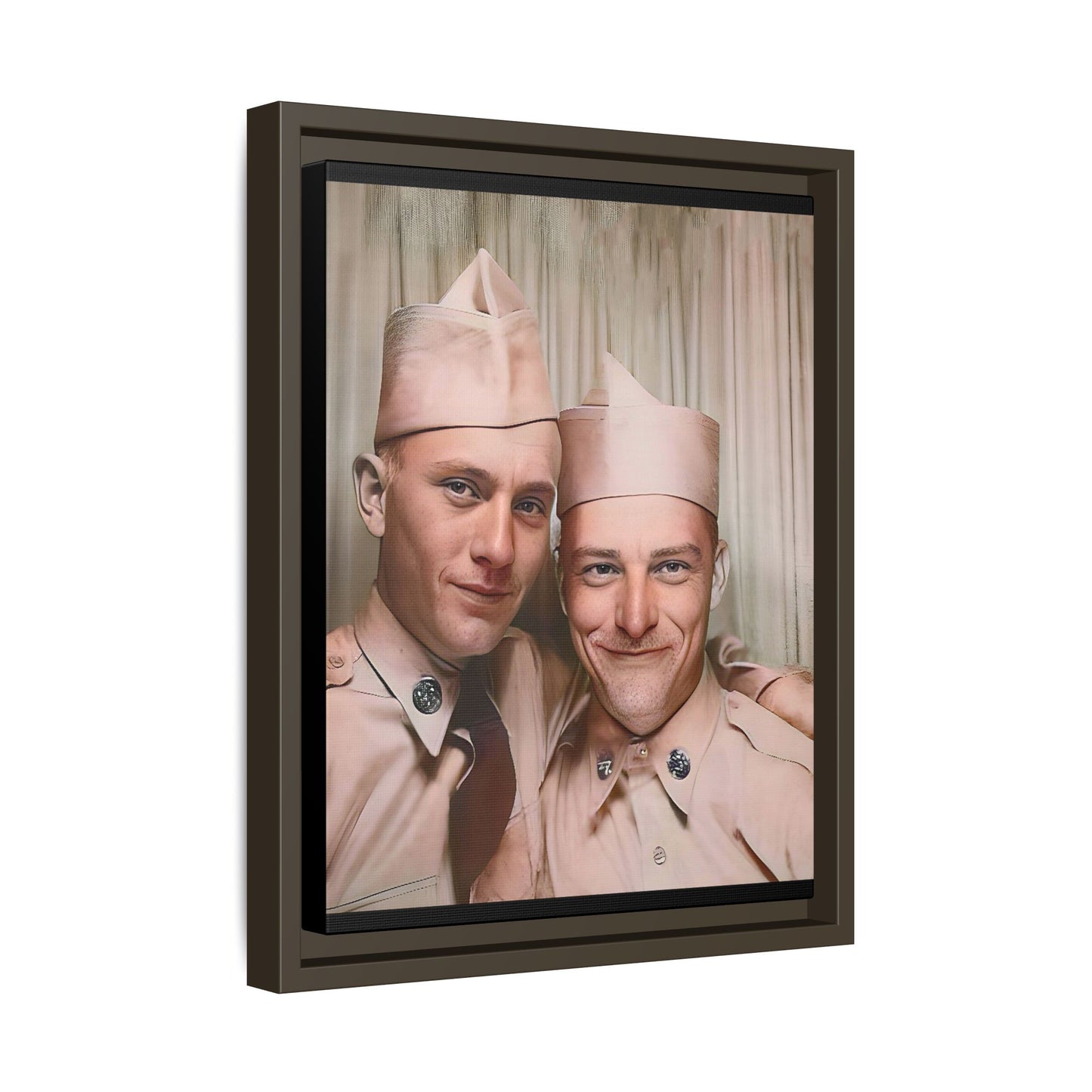 A framed vintage army portrait on matte canvas featuring two soldiers at Puget Sound Naval Shipyard, symbolizing friendship and service. Gay Couple Photo Booth