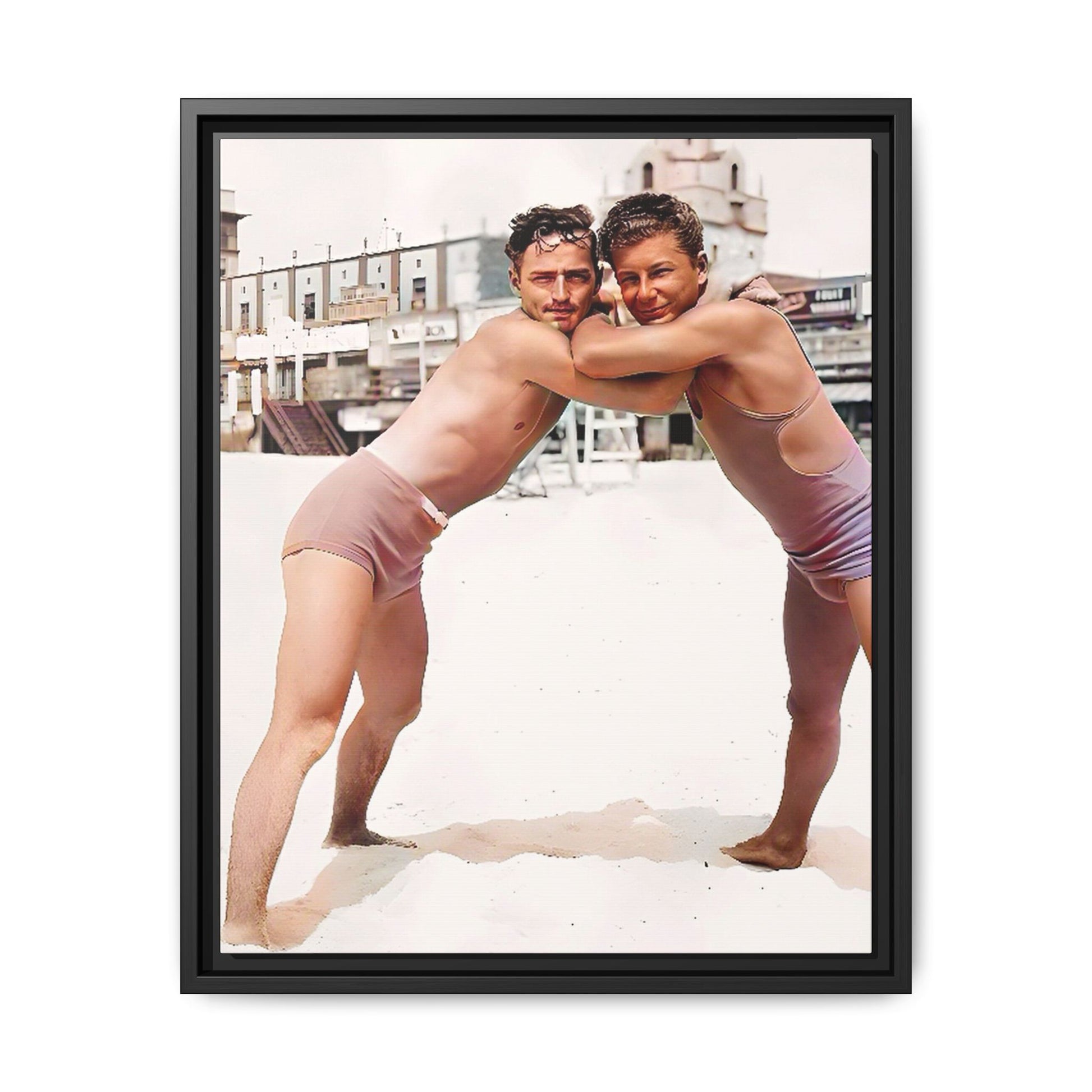A vintage LGBTQ+ beach photo of Kenneth and Herman in Atlantic City, celebrating summer love and nostalgia. This restored and colorized canvas print captures the joy of seaside romance, making it a perfect addition to any vintage decor collection.