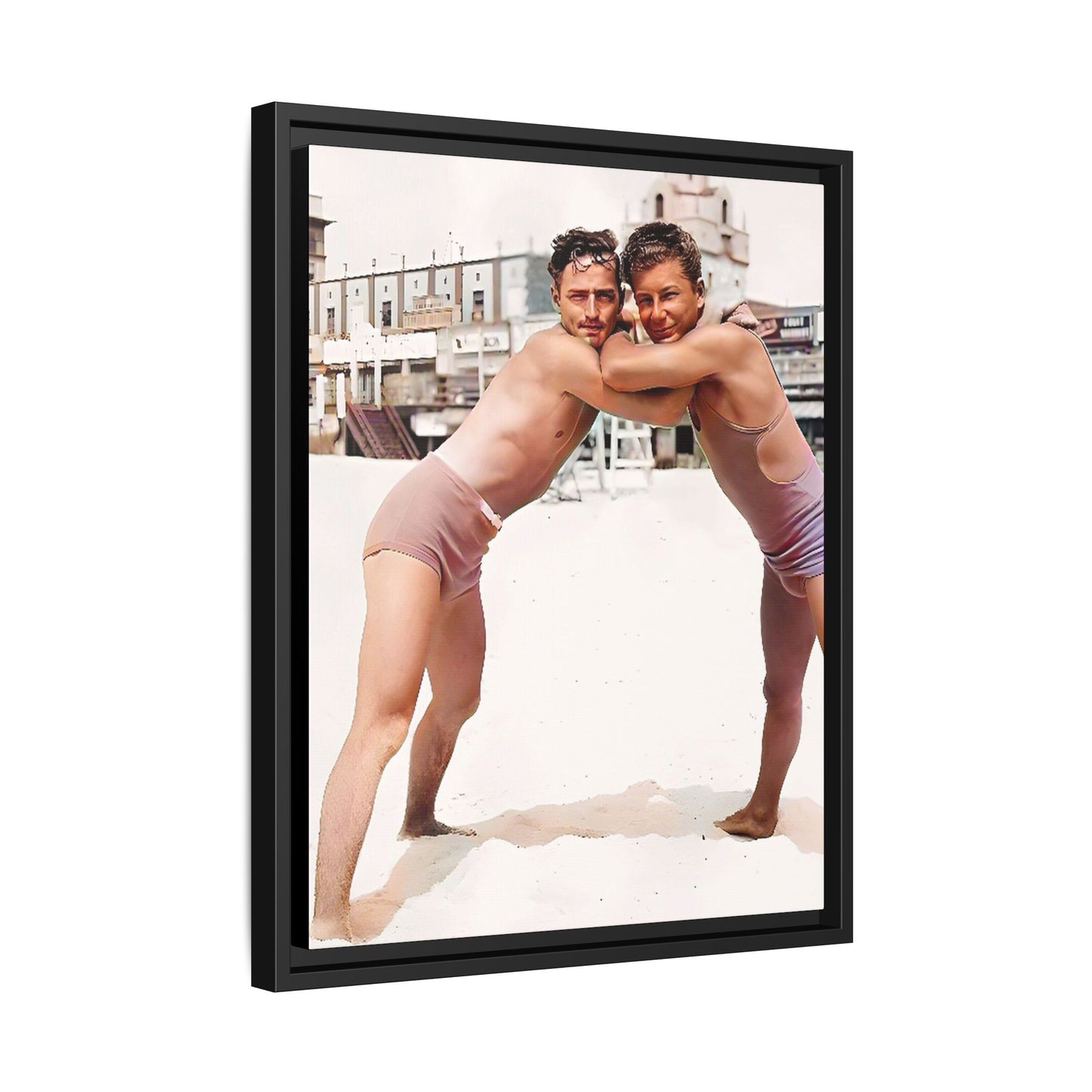 A vintage LGBTQ+ beach photo of Kenneth and Herman in Atlantic City, celebrating summer love and nostalgia. This restored and colorized canvas print captures the joy of seaside romance, making it a perfect addition to any vintage decor collection.