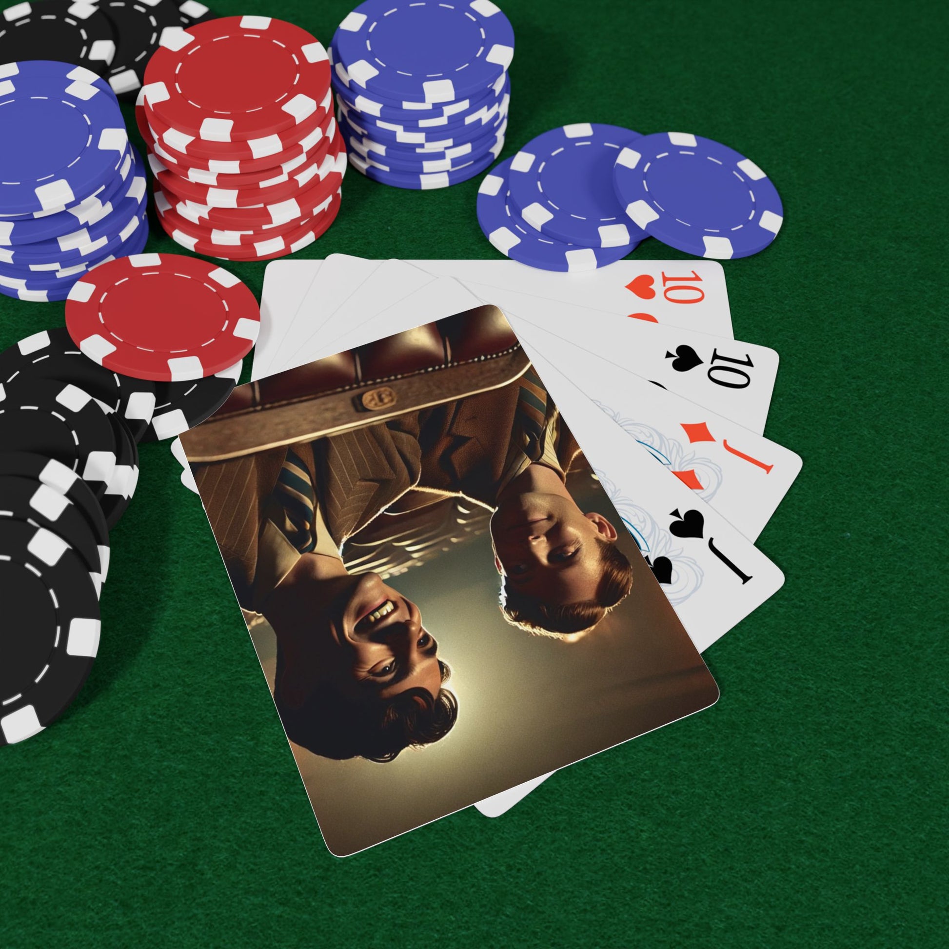 Limited edition poker deck featuring a vintage 1940s movie theater scene with two men sharing a quiet moment of love.