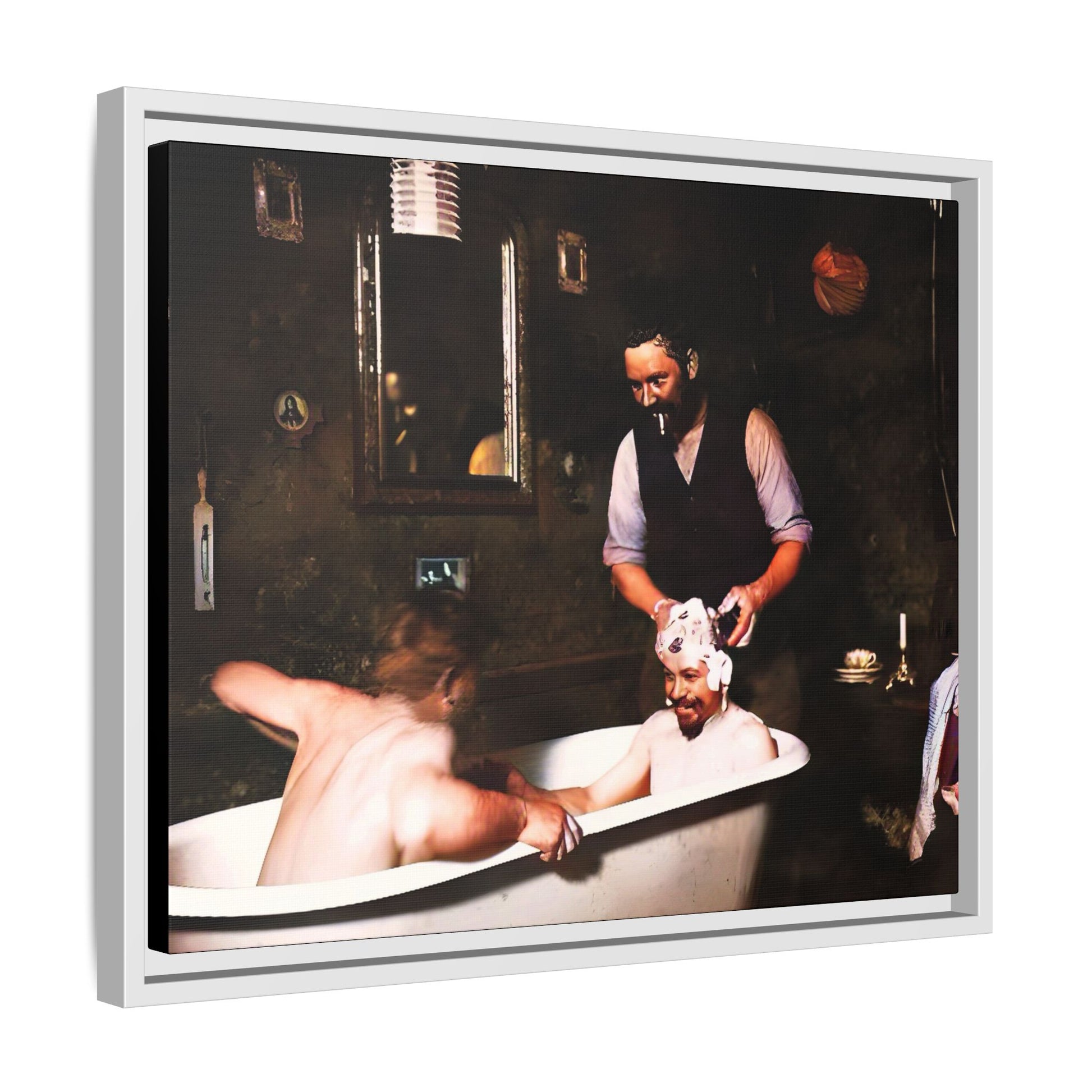 Restored vintage photo of camaraderie at Walsh Depot, Battle Mountain, NV, featuring a clawfoot tub, and framed canvas art. Naked Men in the bathtub. Gay Bears