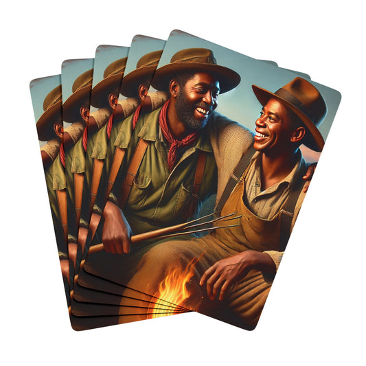 Missing Grant Series Poker Cards featuring two African American men by a campfire, celebrating Black queer love. Black Love Two Dads Fathers Day