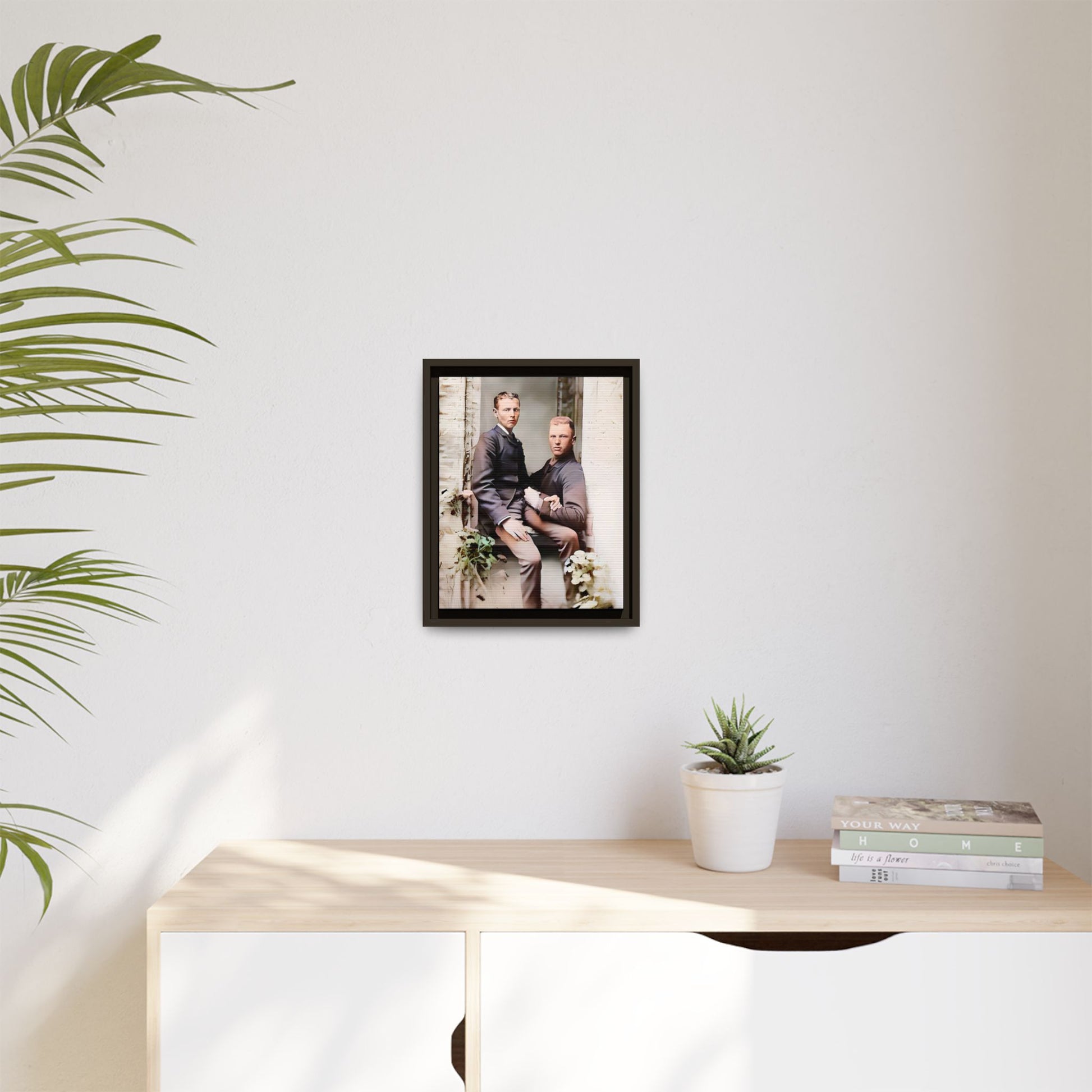 Restored vintage photo of Albert & Harold in tender embrace, Austin TX gay couple, framed art