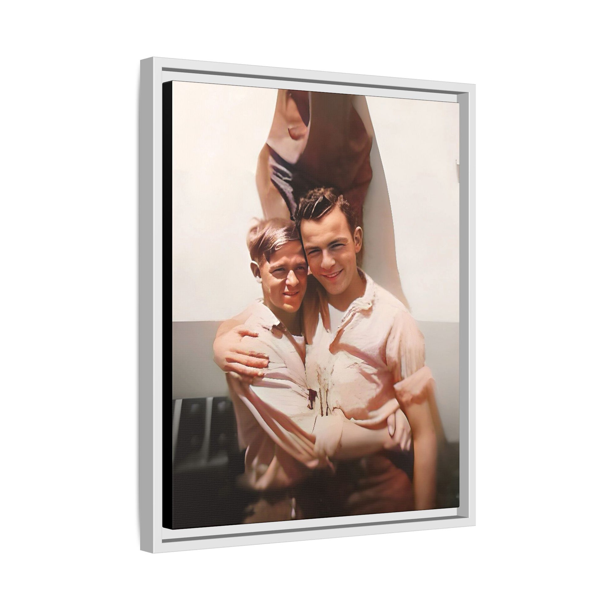 A framed vintage WWII-era portrait on matte canvas featuring Walter and Paul at Camp Shanks, NY, capturing love and resilience during wartime. Gay Couple