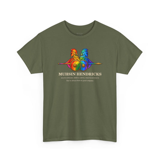 Muhsin Hendricks Company of Sacred Men front graphic with paired Pride-colored Theban warriors, overlapping shields and advocate typography