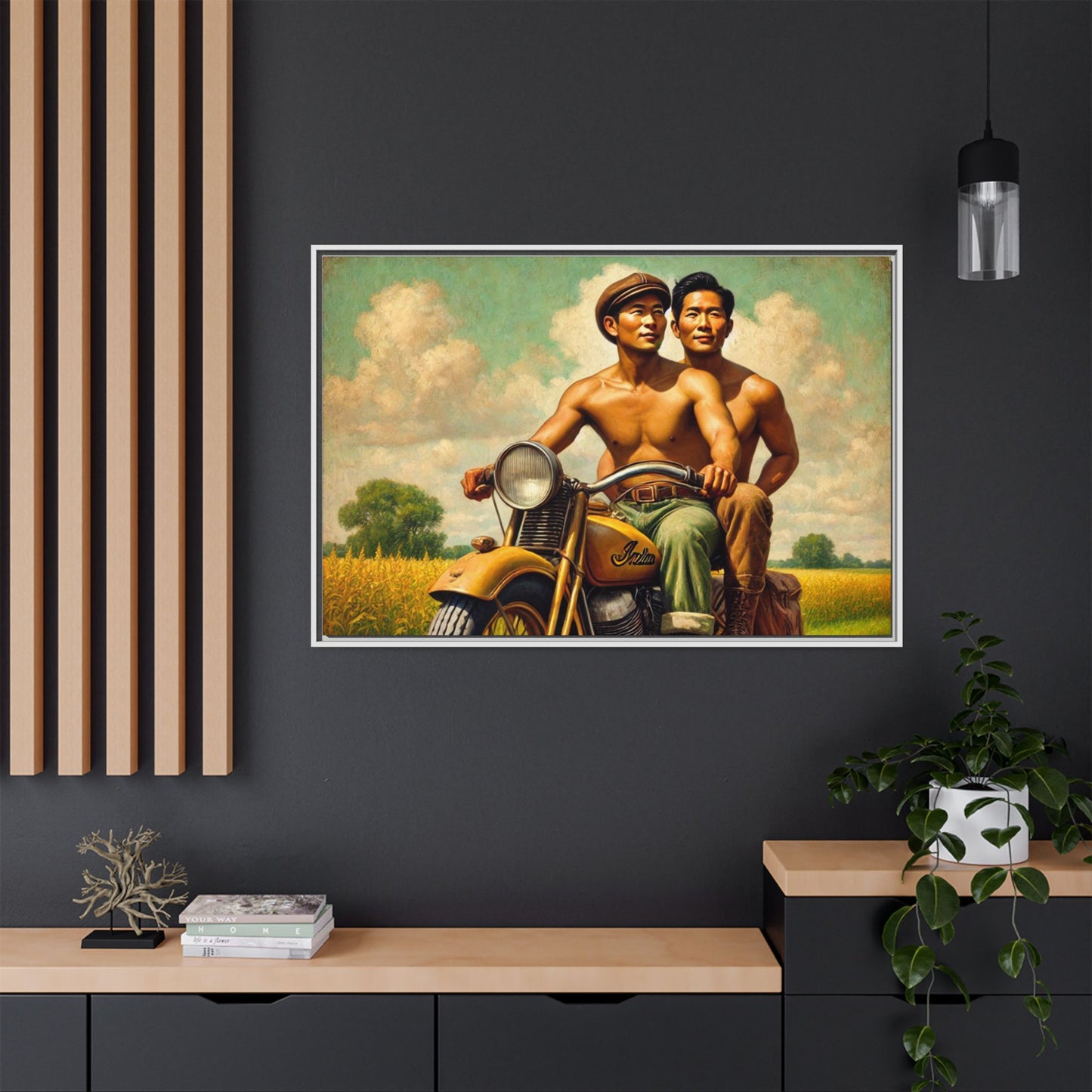 Framed artwork of an Asian-American gay couple riding a vintage yellow motorcycle through Iowa's serene countryside, celebrating love and unity. Grant Wood Inspired