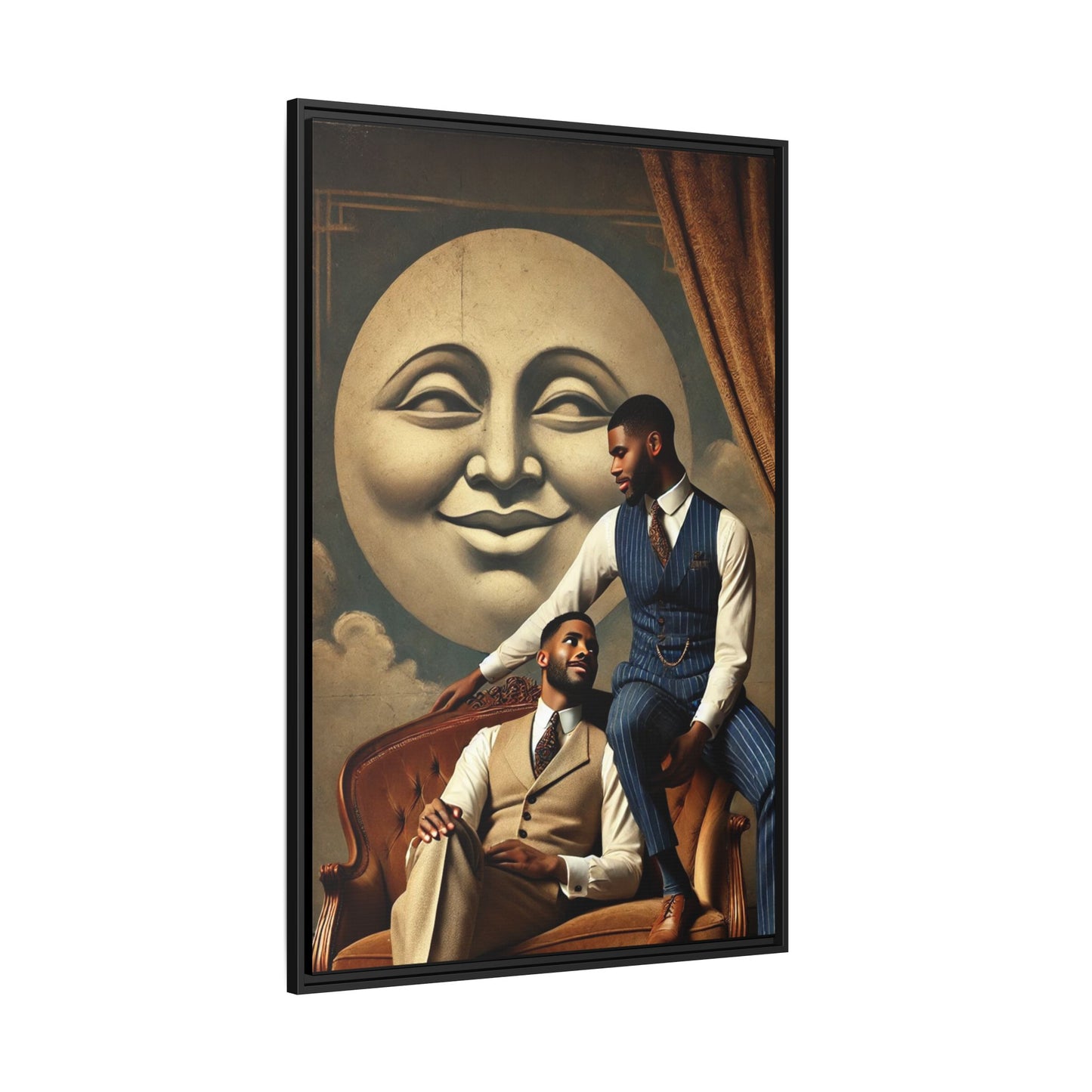 An elegant portrait of two Black men in vintage suits, seated affectionately beneath a smiling full moon. This 1920s-inspired artwork reclaims lost LGBTQ history, honoring Black queer love through style, softness, and resilience.