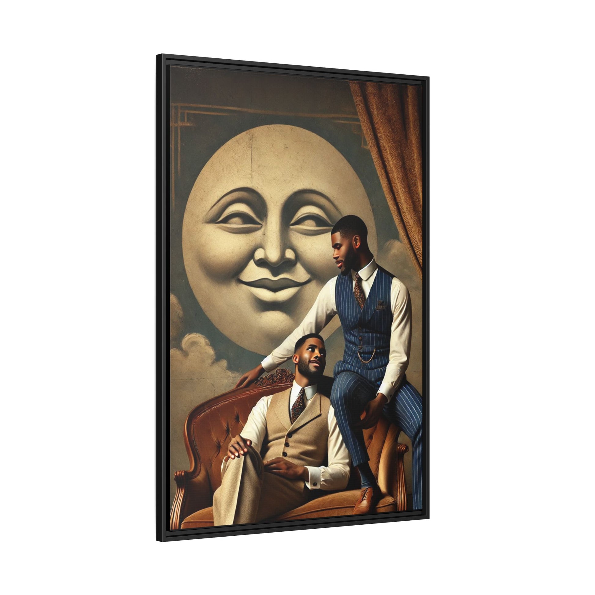 An elegant portrait of two Black men in vintage suits, seated affectionately beneath a smiling full moon. This 1920s-inspired artwork reclaims lost LGBTQ history, honoring Black queer love through style, softness, and resilience.