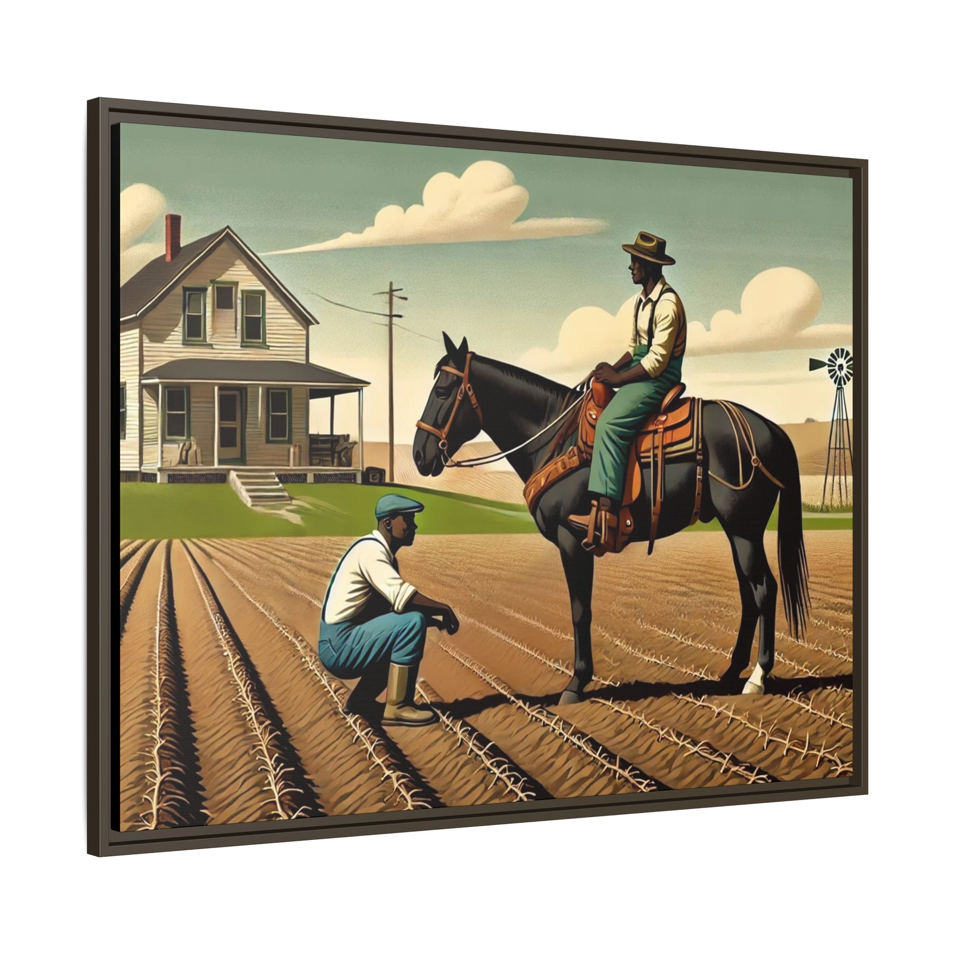 Artwork of an African American queer couple working together on a farm in a serene, vintage-inspired landscape. One man sits on horseback, gazing warmly at his partner, who examines the soil, symbolizing their partnership in both love and labor. The scene captures resilience, companionship, and the beauty of rural life.