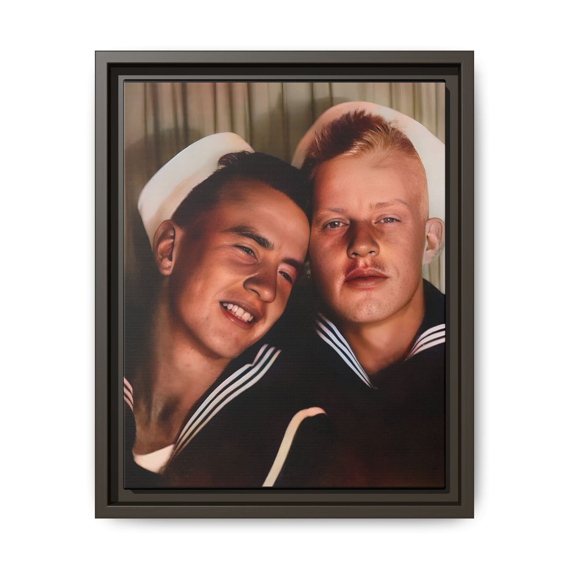 A framed vintage sailor portrait on matte canvas featuring Ray and Clyde in Newport, Rhode Island, capturing timeless LGBTQ+ love and companionship. Gay Couple Photo Booth
