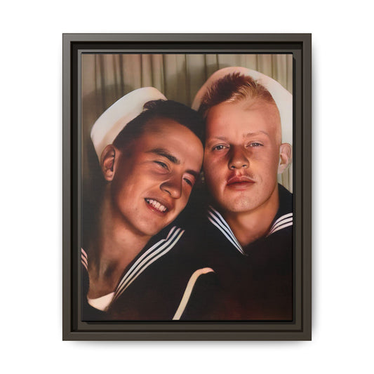 A framed vintage sailor portrait on matte canvas featuring Ray and Clyde in Newport, Rhode Island, capturing timeless LGBTQ+ love and companionship. Gay Couple Photo Booth