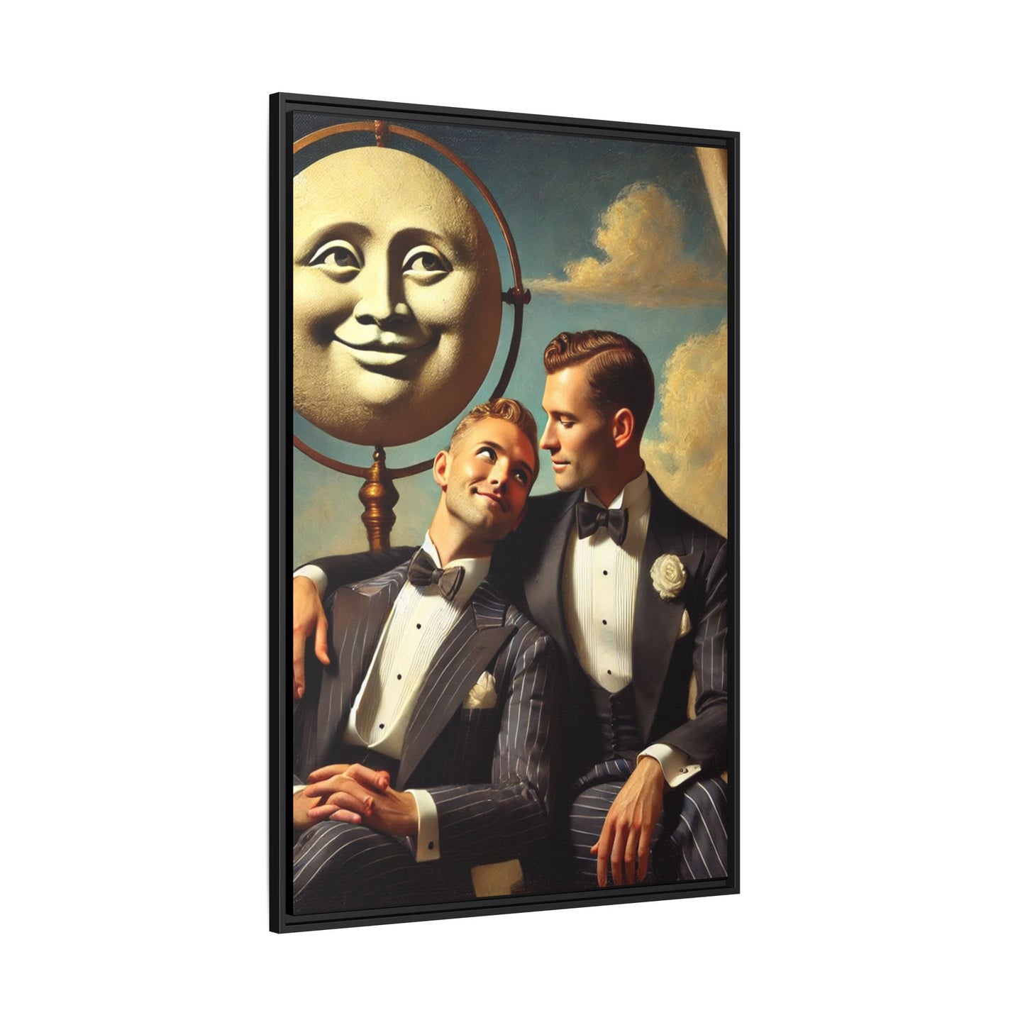 Framed matte canvas portrait featuring two young men in vintage overalls with a crescent moon prop above them. This artwork from the Missing Art Studies series reclaims LGBTQ+ imagery that may have been lost to bias, presenting warmth, intimacy, and presence.