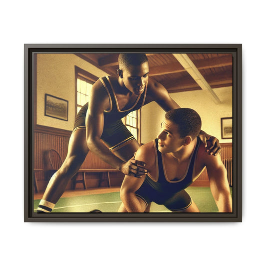 Framed canvas artwork inspired by Grant Wood featuring African-American and European-American wrestlers in a vintage gymnasium. A tribute to unity, diversity, and regionalist art.